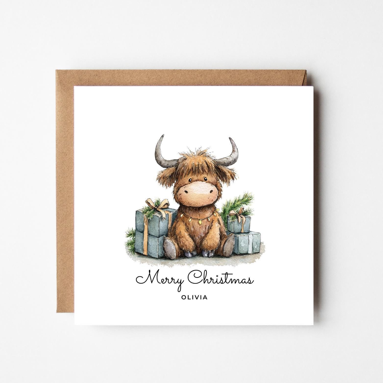 Personalised Highland Cow Christmas Card: Rustic Farmhouse Holiday