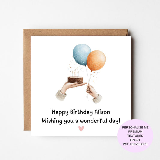 Birthday Card with Balloons and Cake – Minimalist Watercolour Style