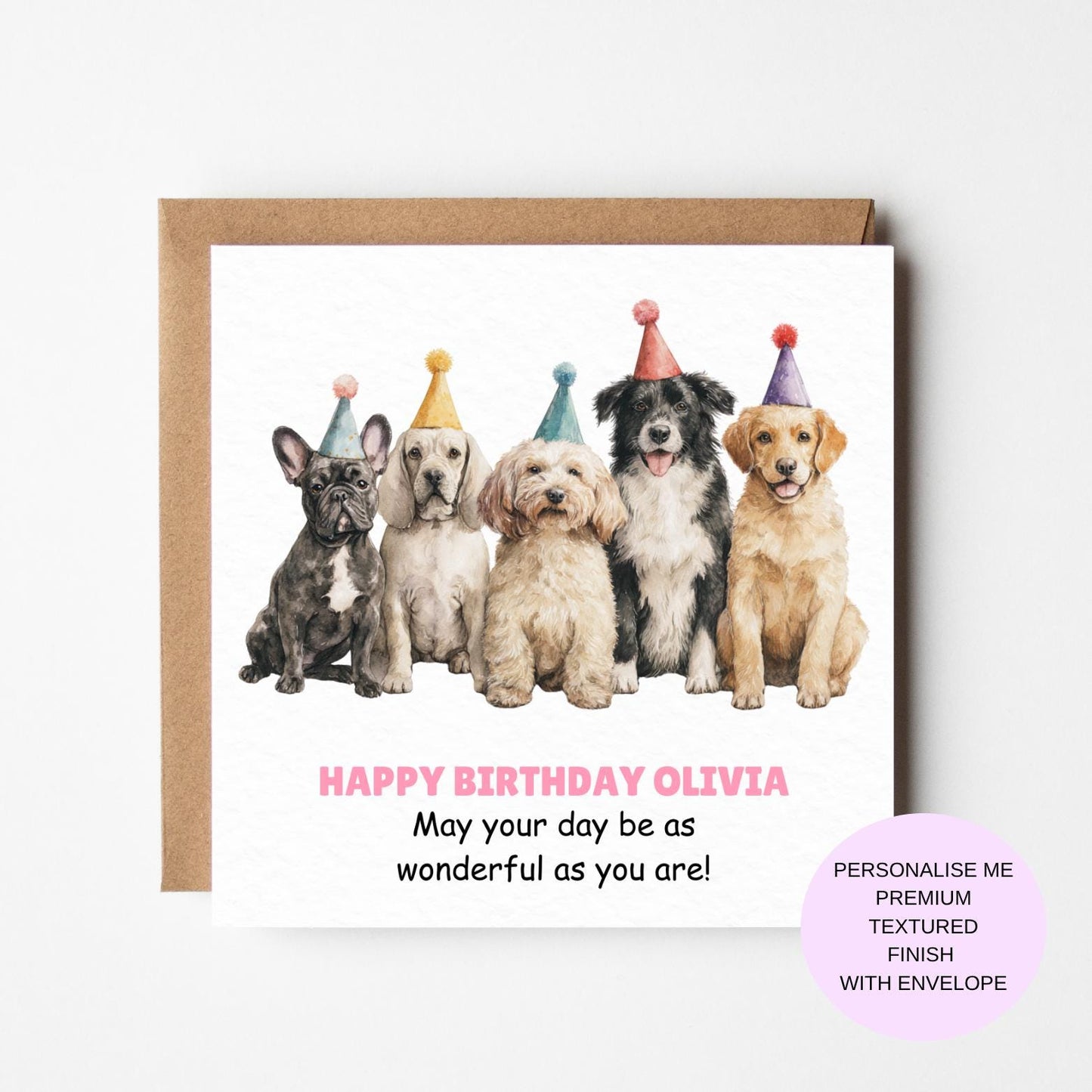 Birthday Card: Group of Dogs Wearing Party Hats - Personalised