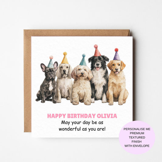 Birthday Card: Group of Dogs Wearing Party Hats - Personalised
