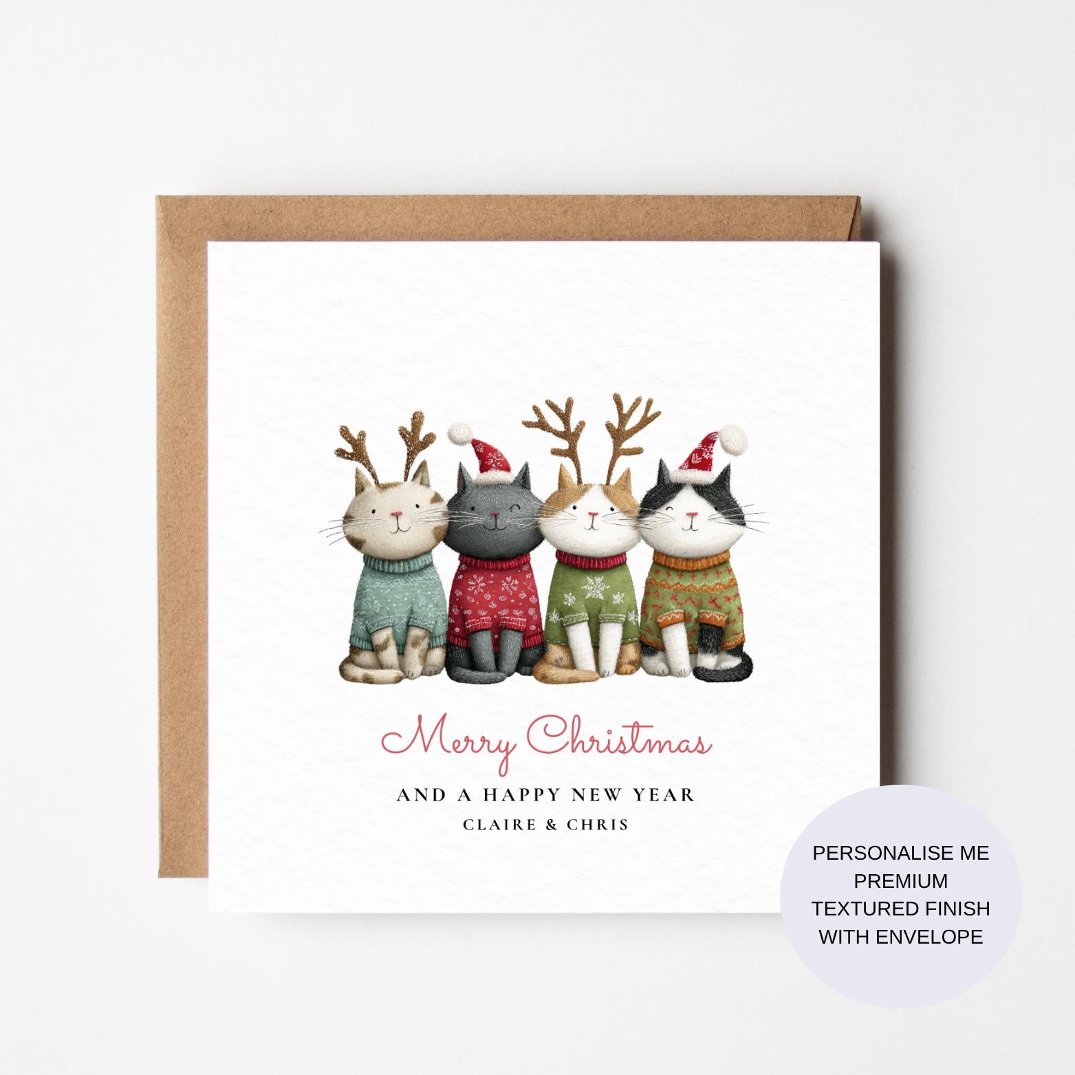 Christmas Cat Card: Festive Cats in Jumpers (Personalised, 150mm)