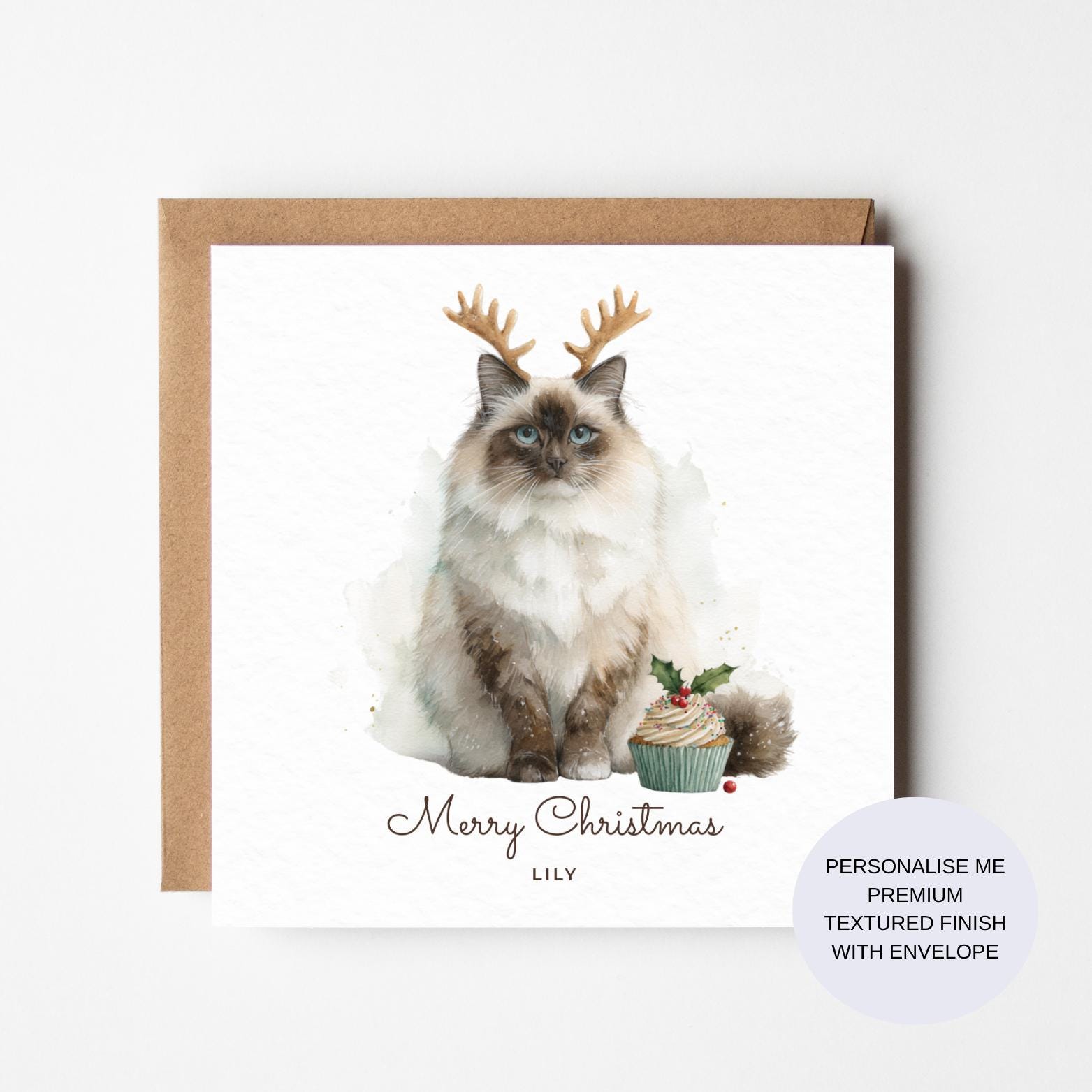 Christmas Card: Festive Cat Illustration (Personalised, Textured)