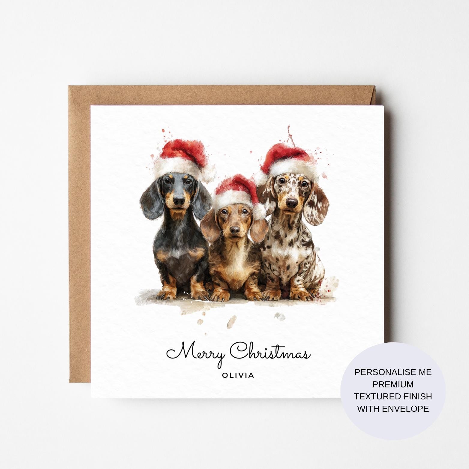 Personalised Dachshund Card: Trio of Festive Sausage Dogs - Textured Finish