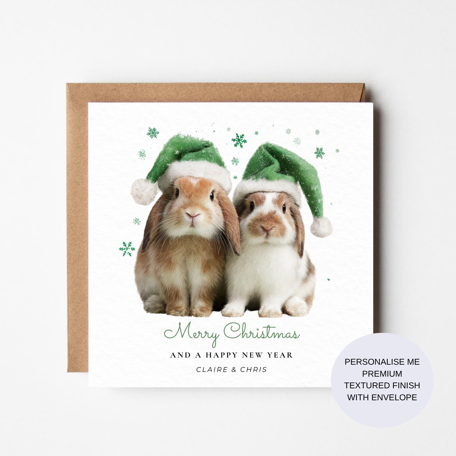 Holiday Bunny Card, Two Rabbits in Santa Hats (Winter Snowflakes)