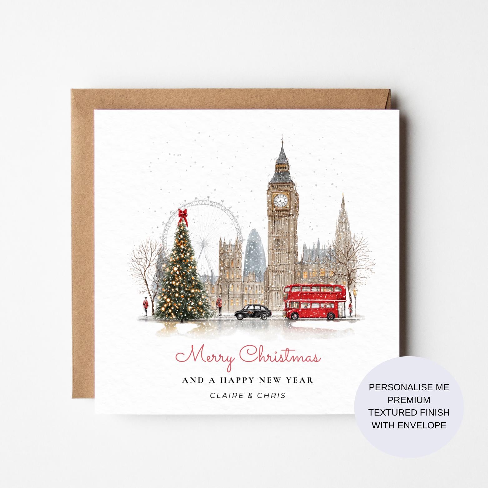 Festive London Christmas Card, Big Ben and Red Bus (Snowy City Scene)