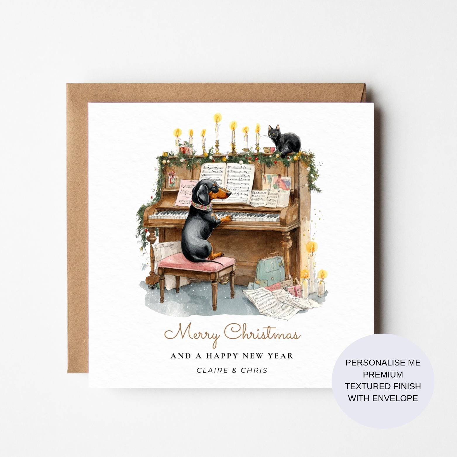 Dachshund Playing Piano Christmas Card (Holiday Pet Art, Blank Inside)