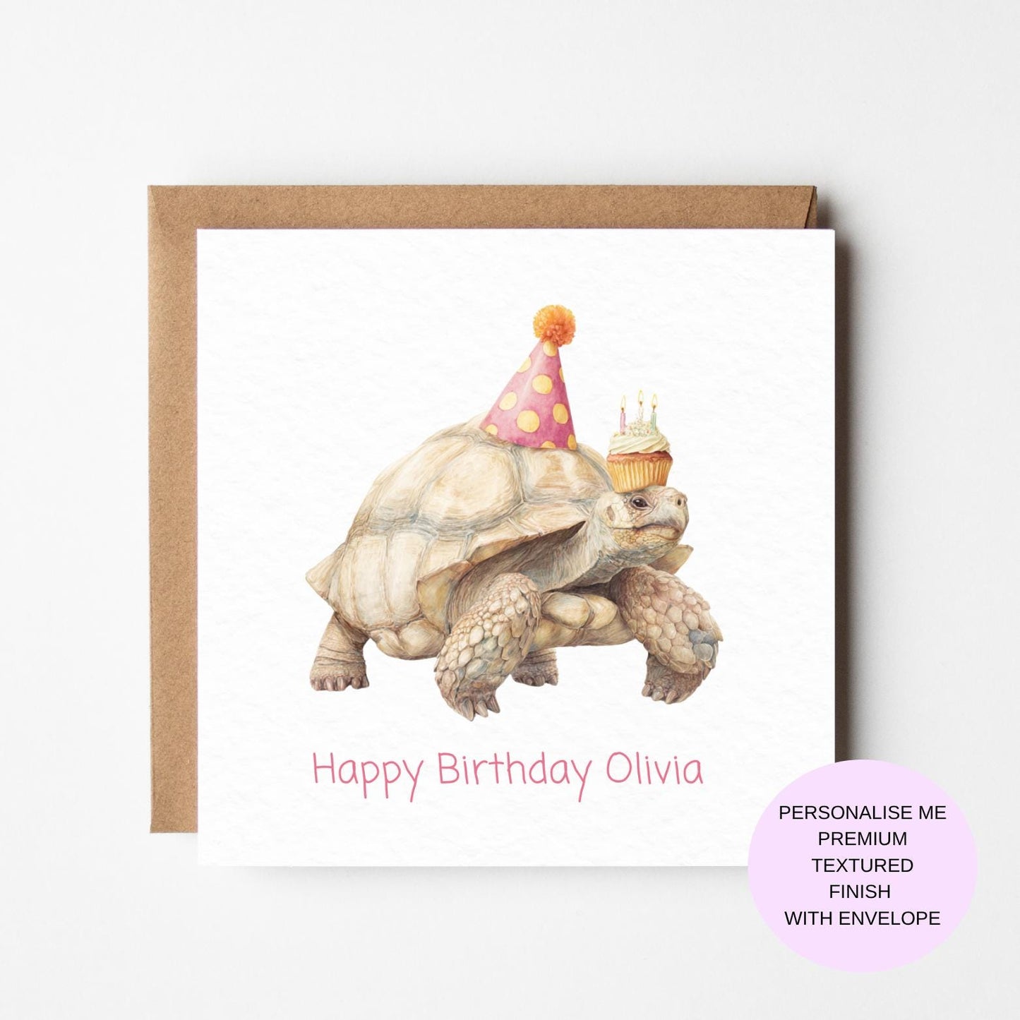 Birthday Card: Funny Tortoise with Cupcake - Textured Finish