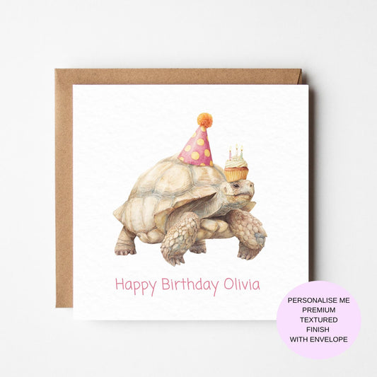 Birthday Card: Funny Tortoise with Cupcake - Textured Finish