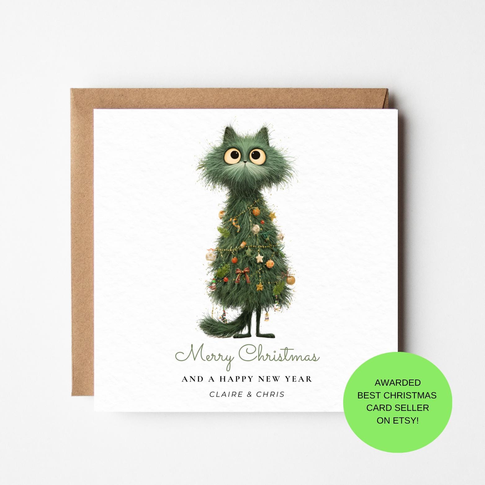 Cat Christmas Card, Tree Shape, Funny Design (Custom Name)