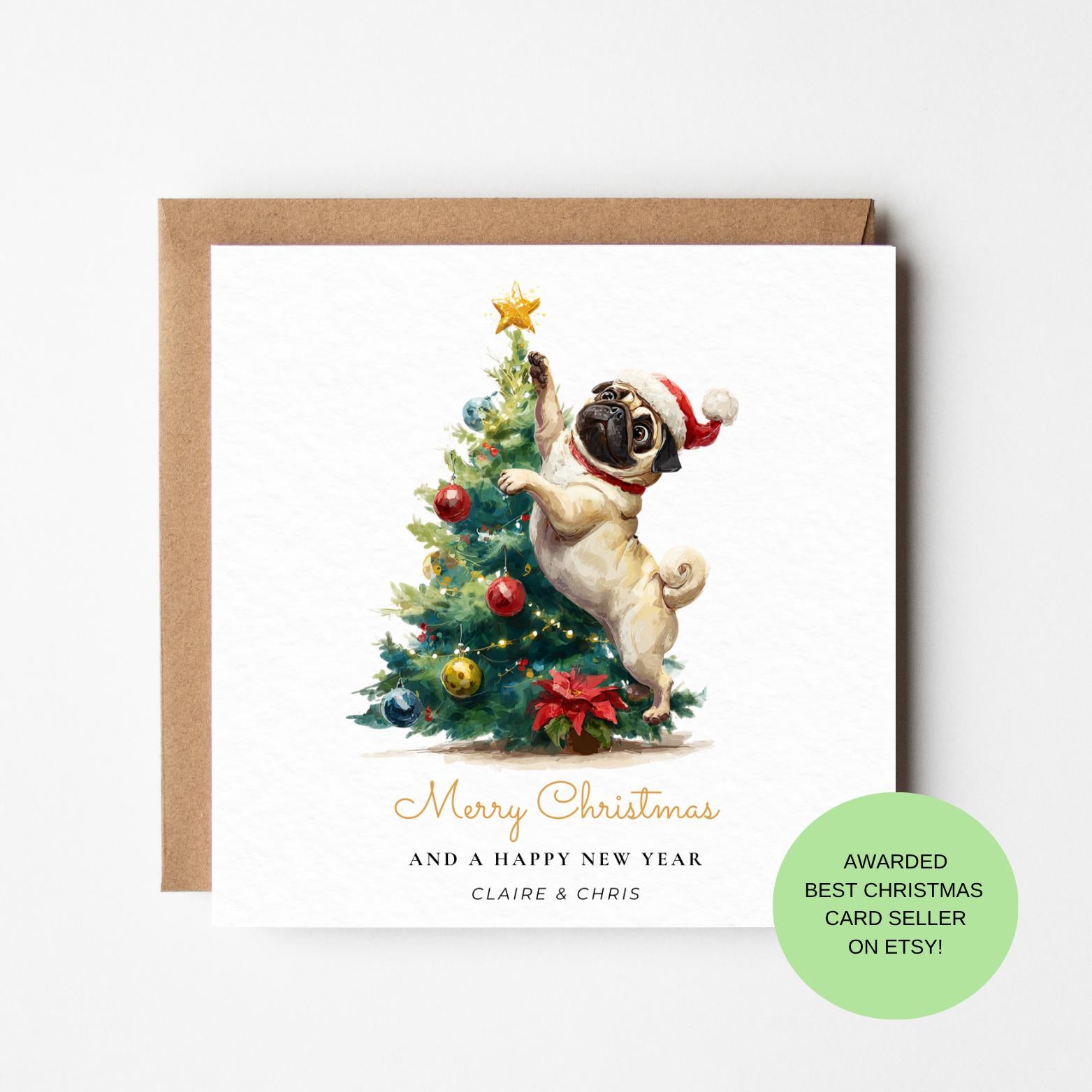 Pug Christmas Card – Watercolour Dog Decorating Tree