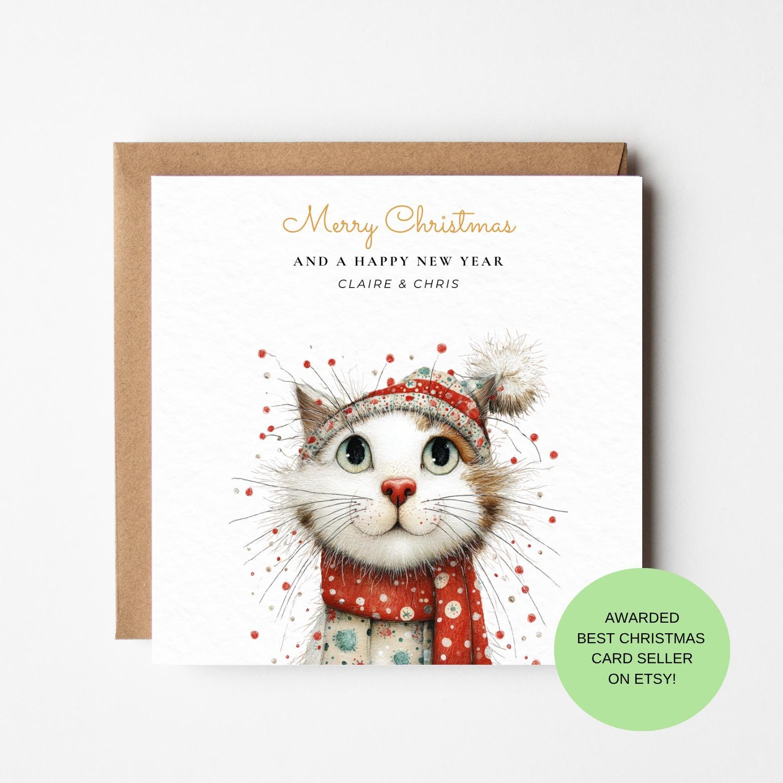 Festive Cat Christmas Card – Woolly Hat, Holiday Greeting
