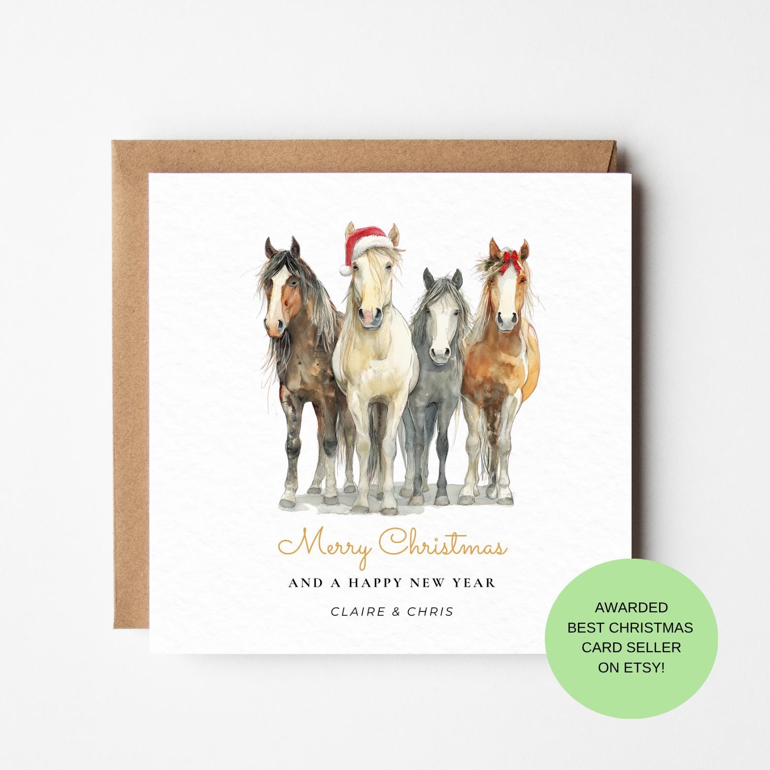 Horse Christmas Card – Four Horses in Festive Hats, Countryside Animal Holiday Card
