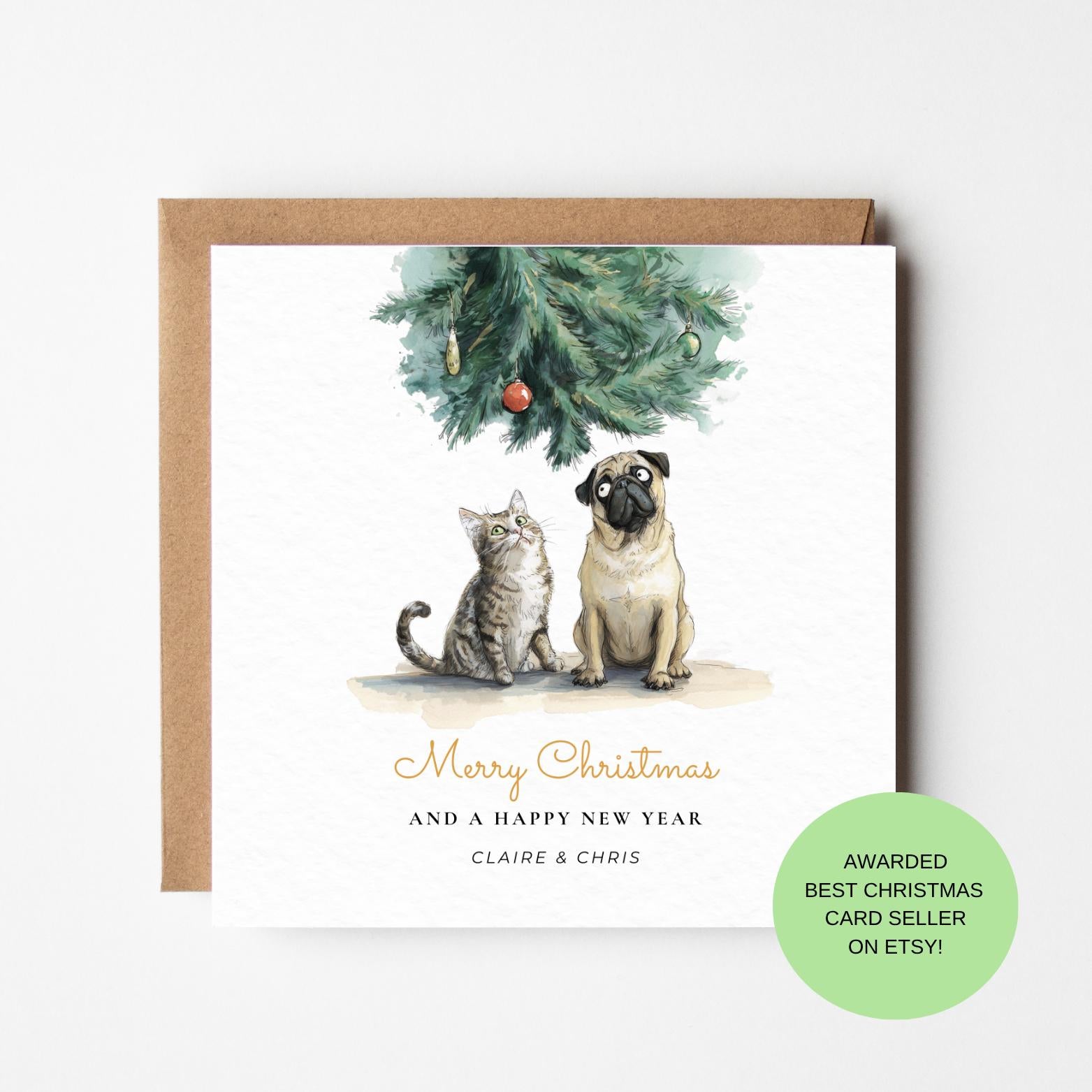 Funny Cat and Pug Christmas Card – Whimsical Holiday Greeting