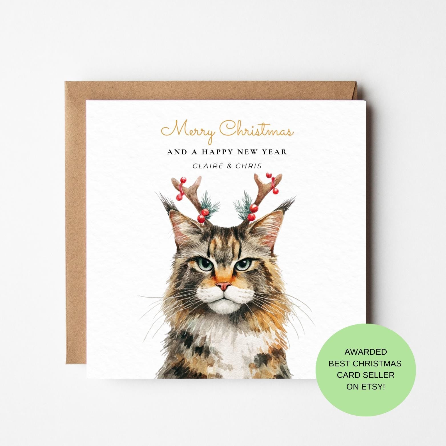 Reindeer Cat Christmas Card – Festive Holiday Greeting