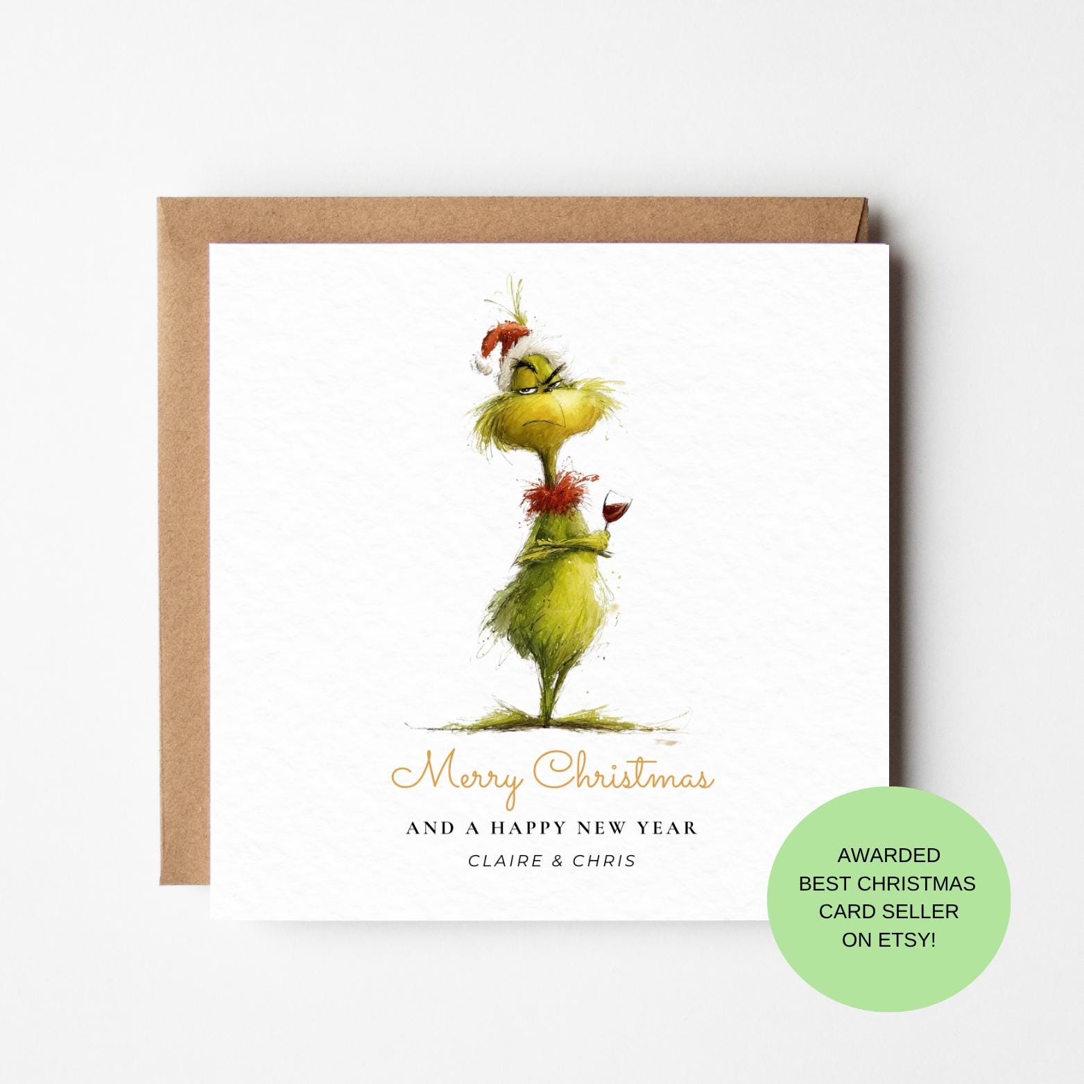 Grinch Wine Christmas Card – Moody Grinch with Santa Hat, Funny Holiday Greeting