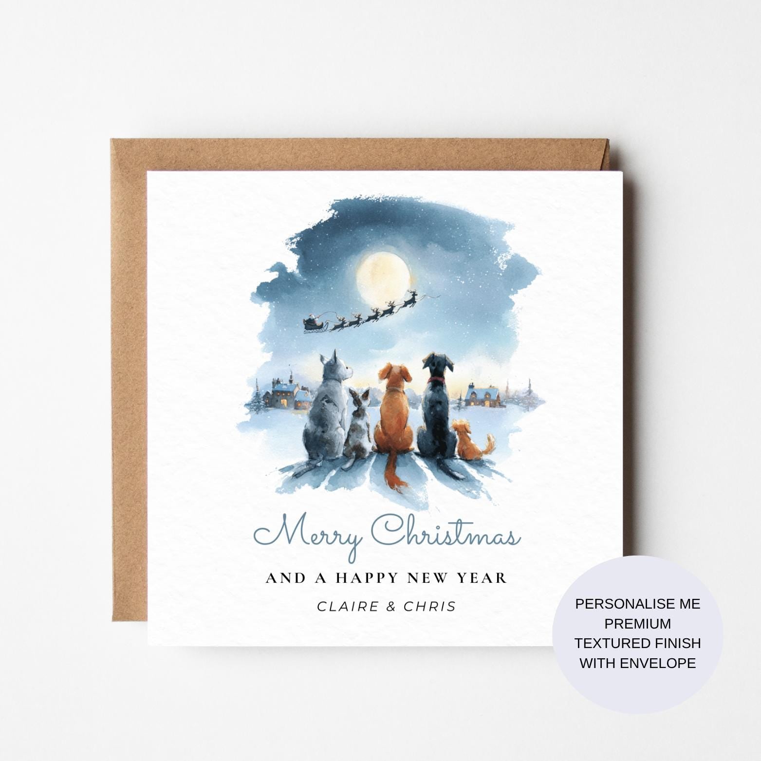 Dog Lover Christmas Card, Santa Sleigh Scene, Watercolor (Personalised)