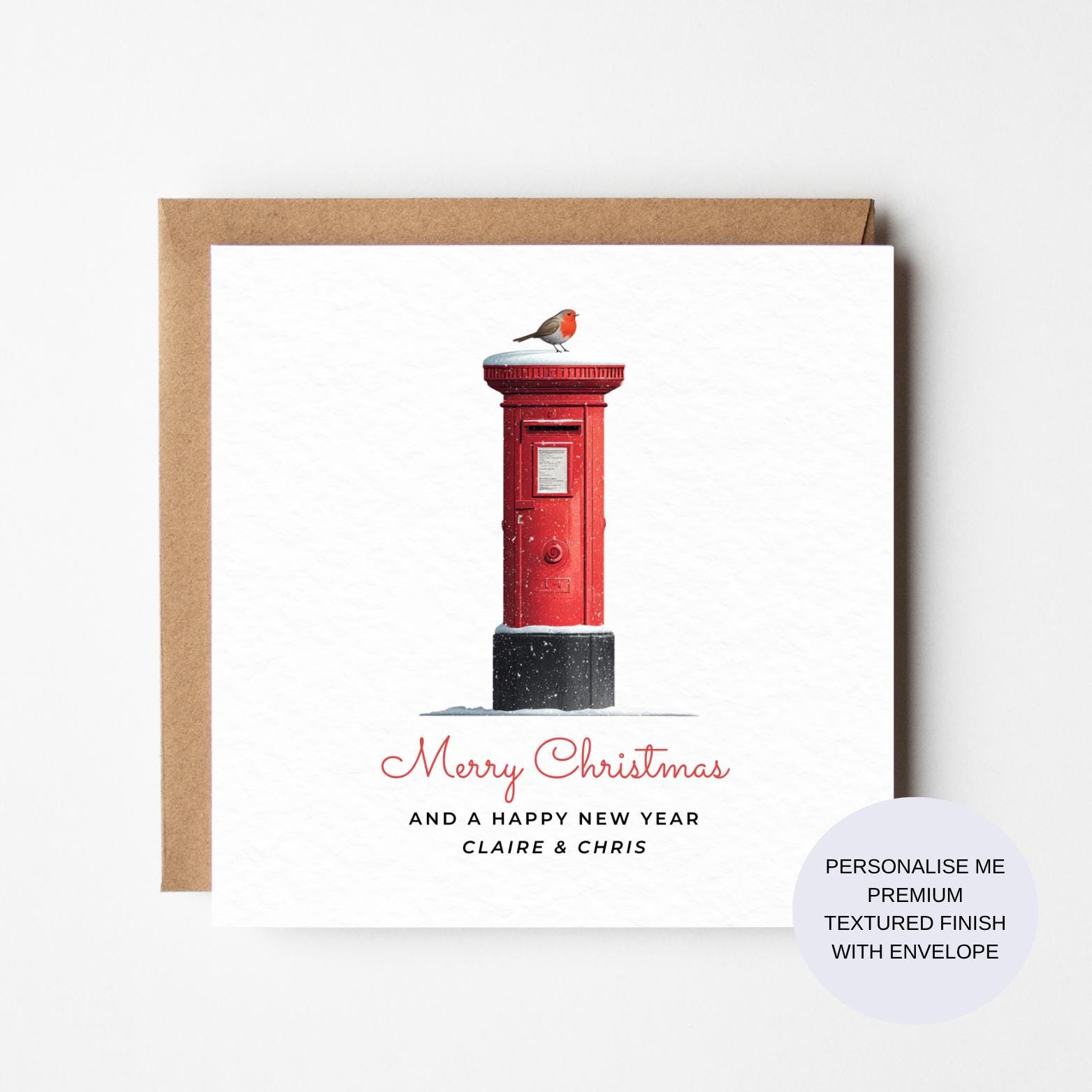 Red Postbox Christmas Card: Robin on Snowy British Mailbox