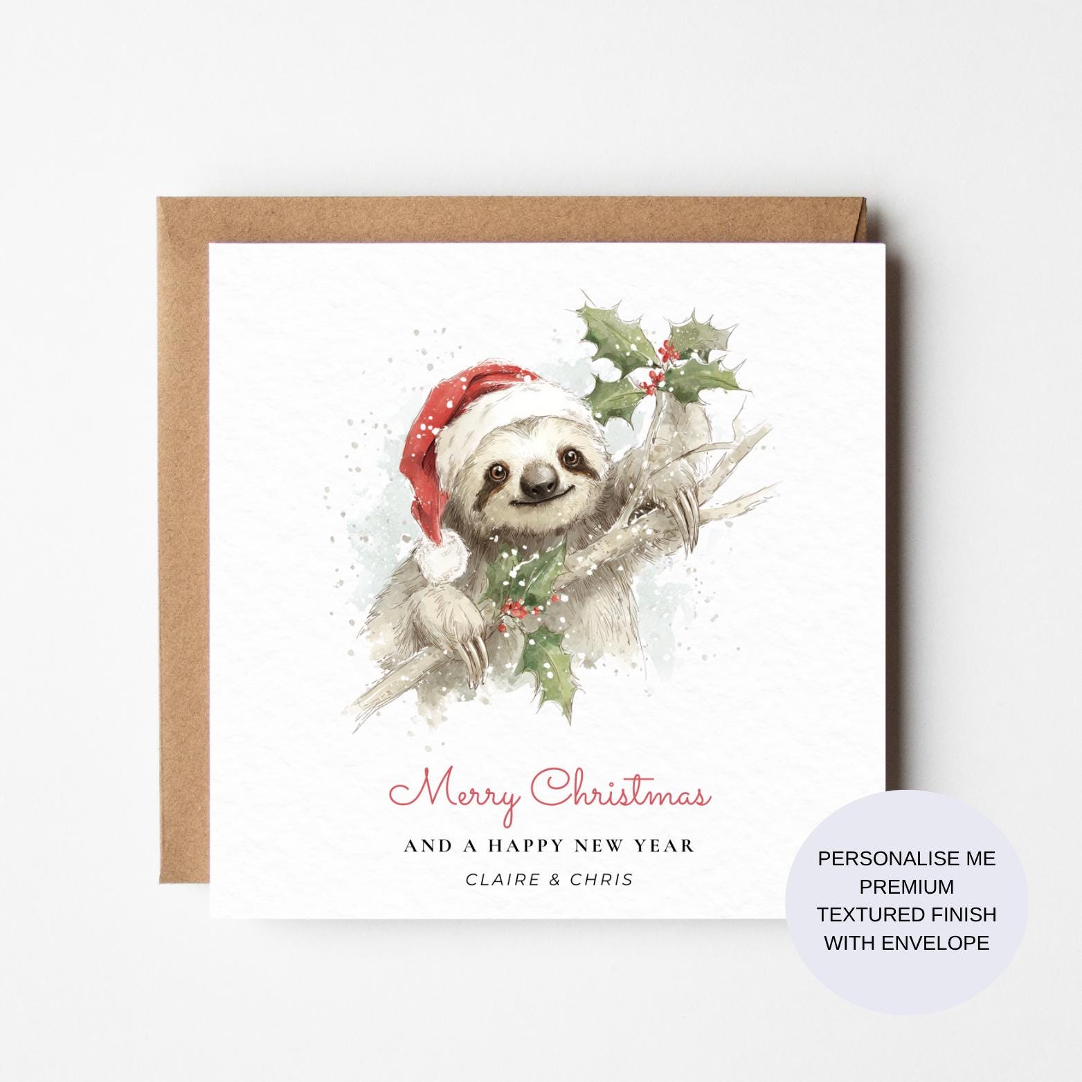 Sloth Christmas Card - Funny Santa Hat with Holly Branch