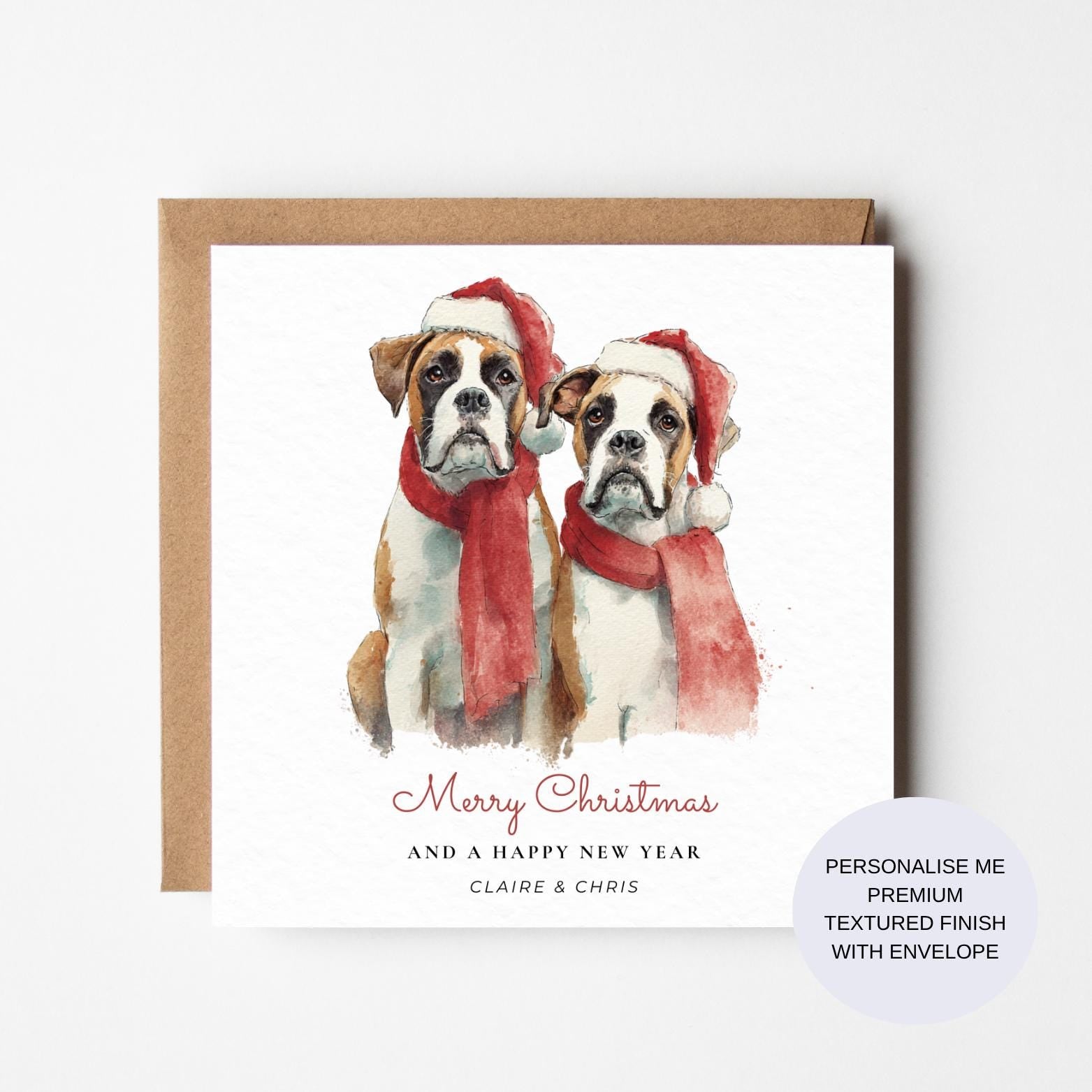 Christmas Card: Boxer Dogs Wearing Santa Hats - Festive Pet Art