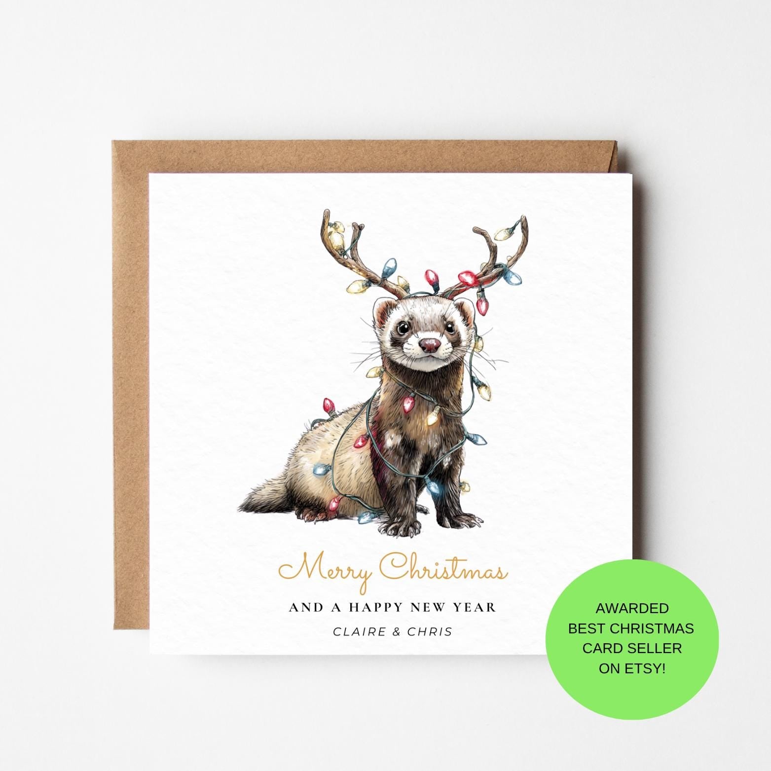 Personalized Ferret Christmas Card – Handmade Animal Design