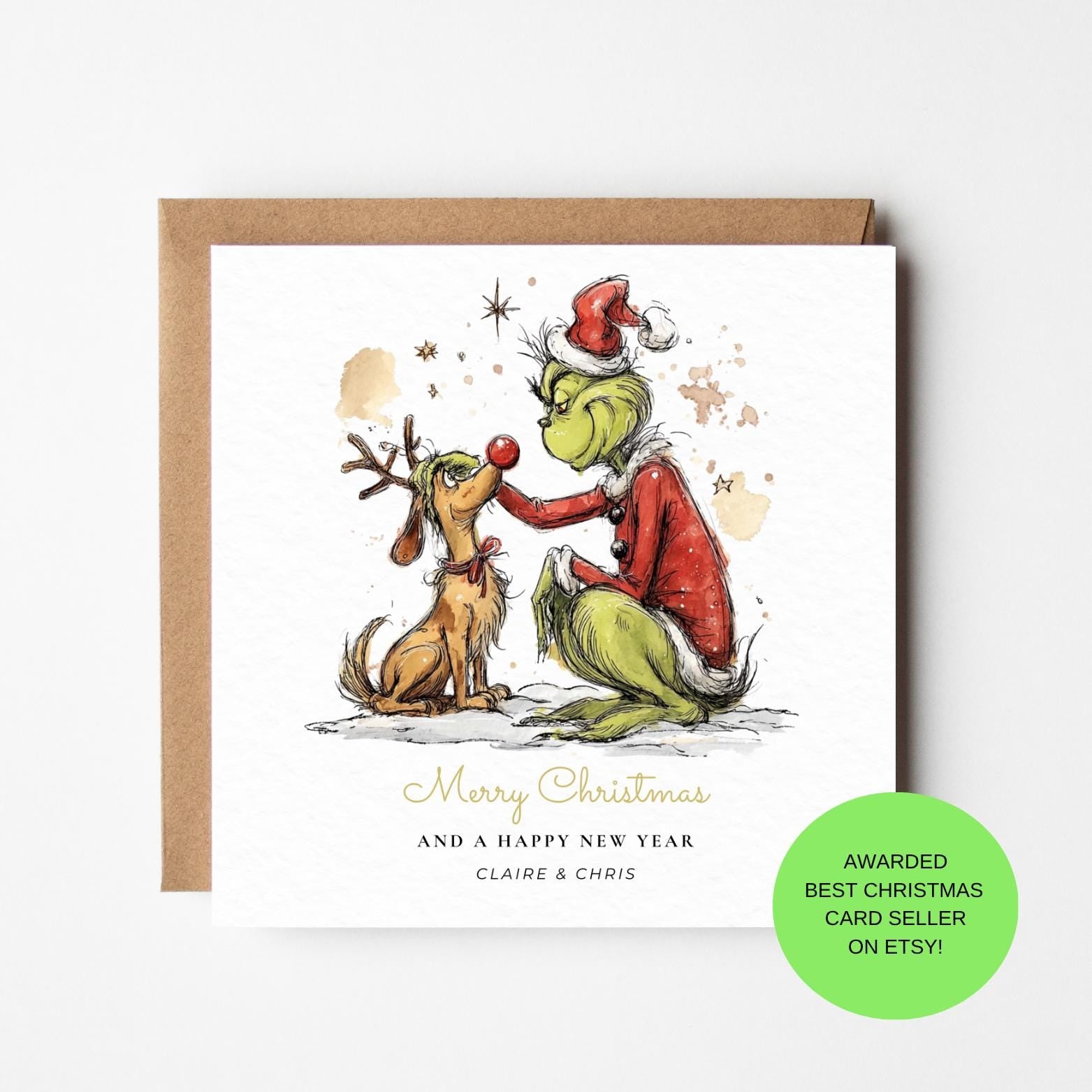 Personalized Watercolor Christmas Card: Grinch and Max Handmade