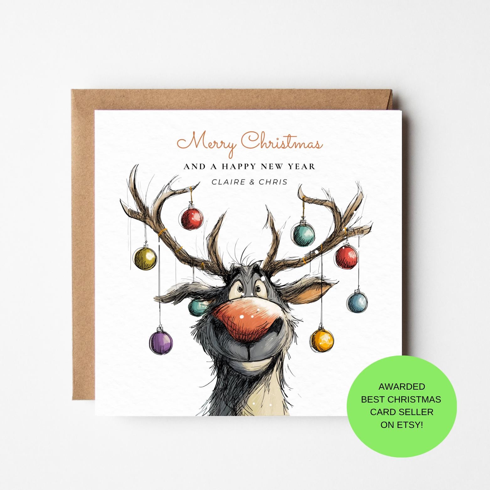 Personalized Reindeer Christmas Card, Handmade UK, Luxury Paper