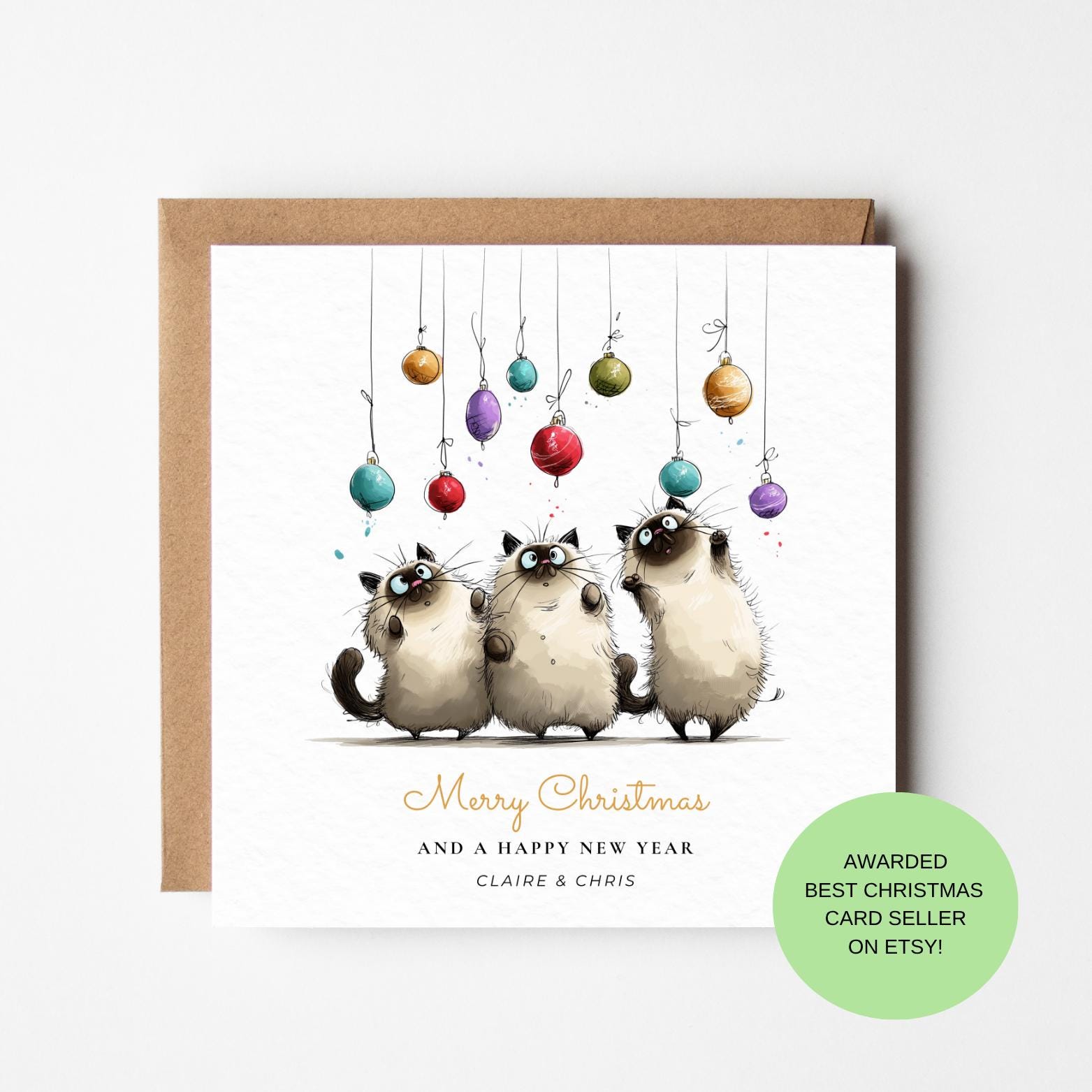 Funny Cats Christmas Card – Watercolour Pet Holiday Greetings