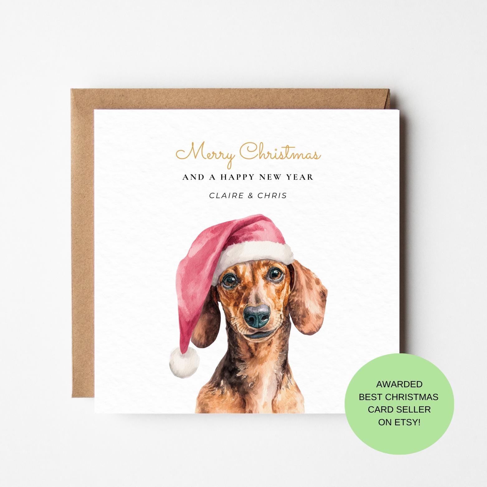 Dachshund Christmas Card – Sausage Dog Santa Hat Holiday Greeting