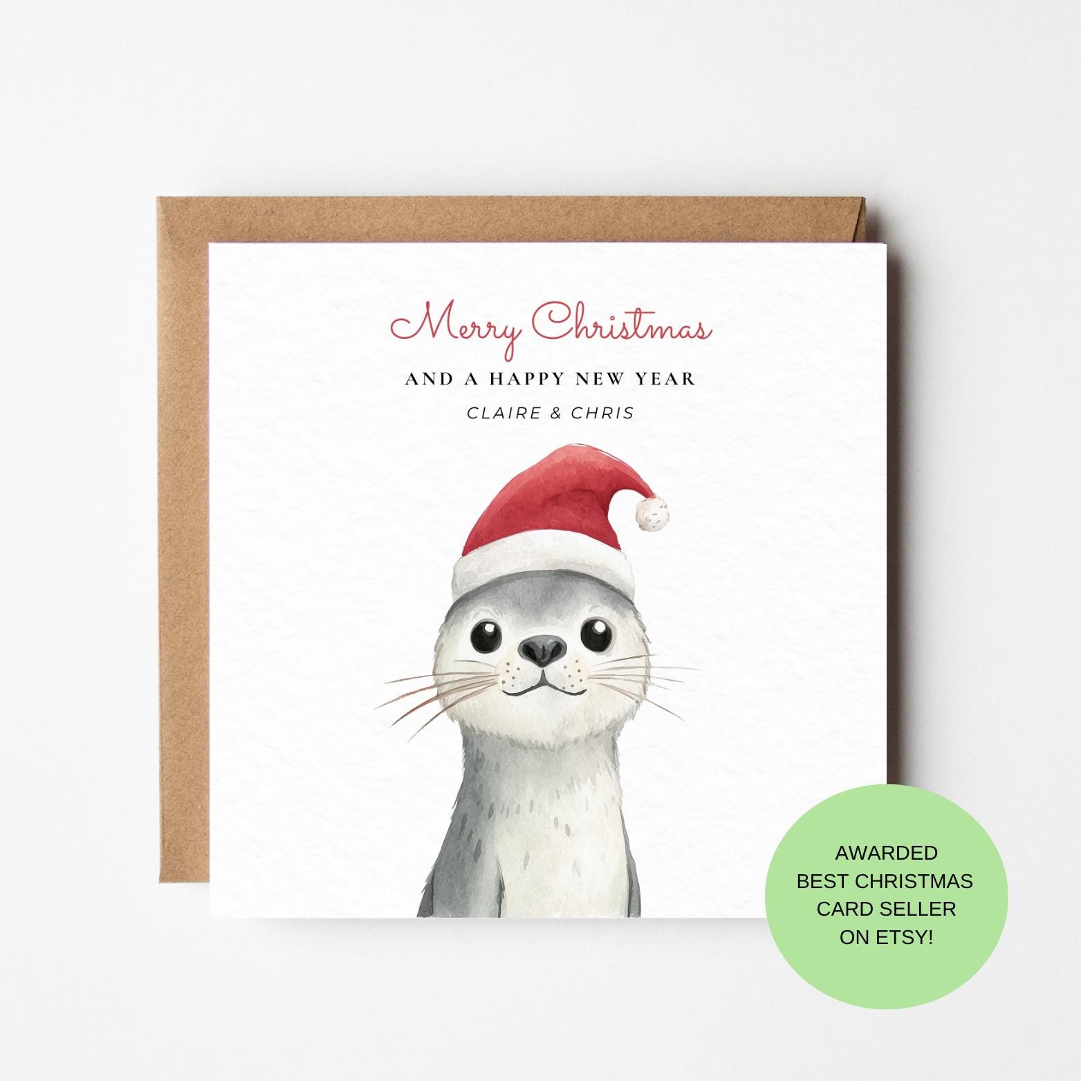 Seal Christmas Card – Santa Hat Animal Holiday Greeting