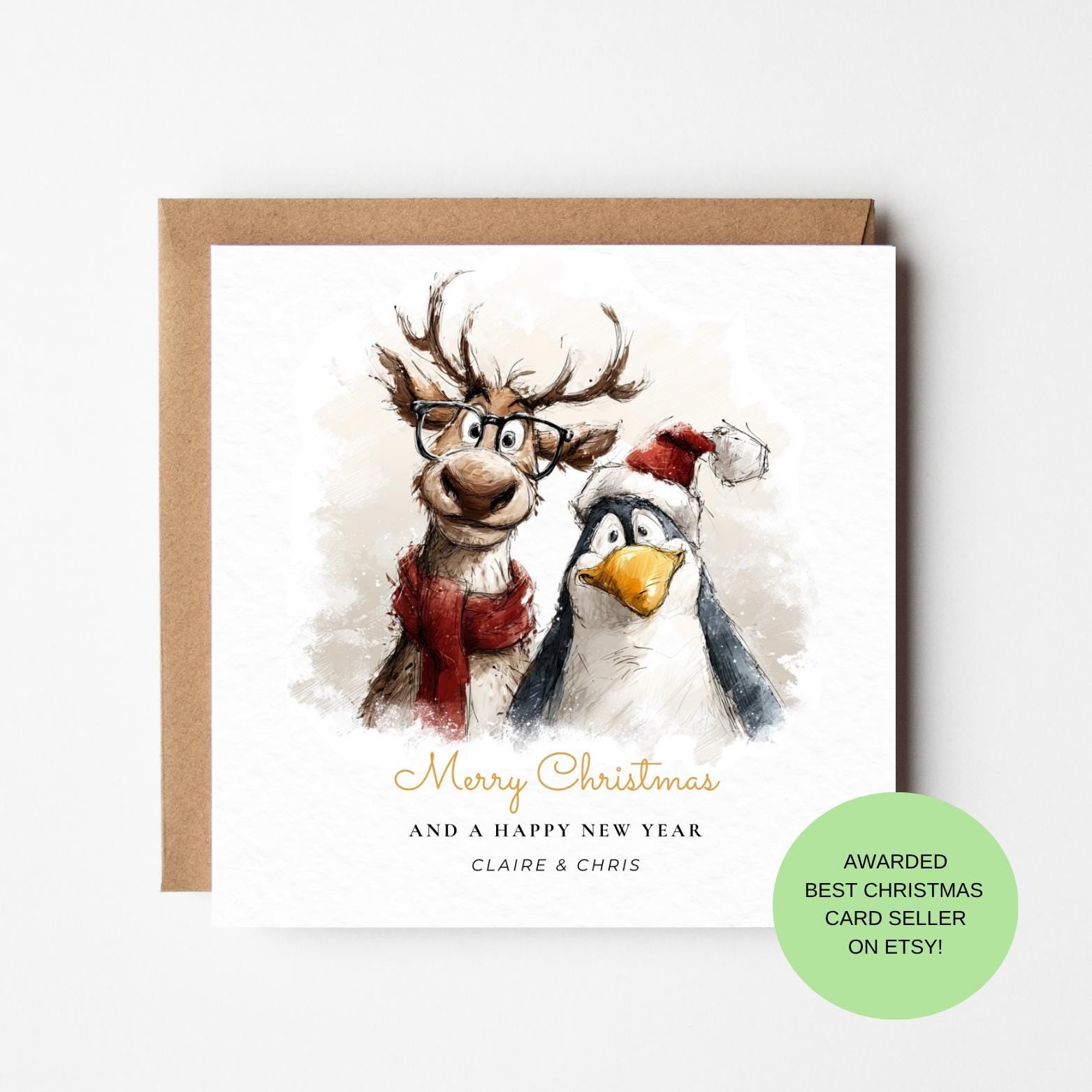 Reindeer and Penguin Christmas Card – Funny Animal Duo, Whimsical Holiday Greeting