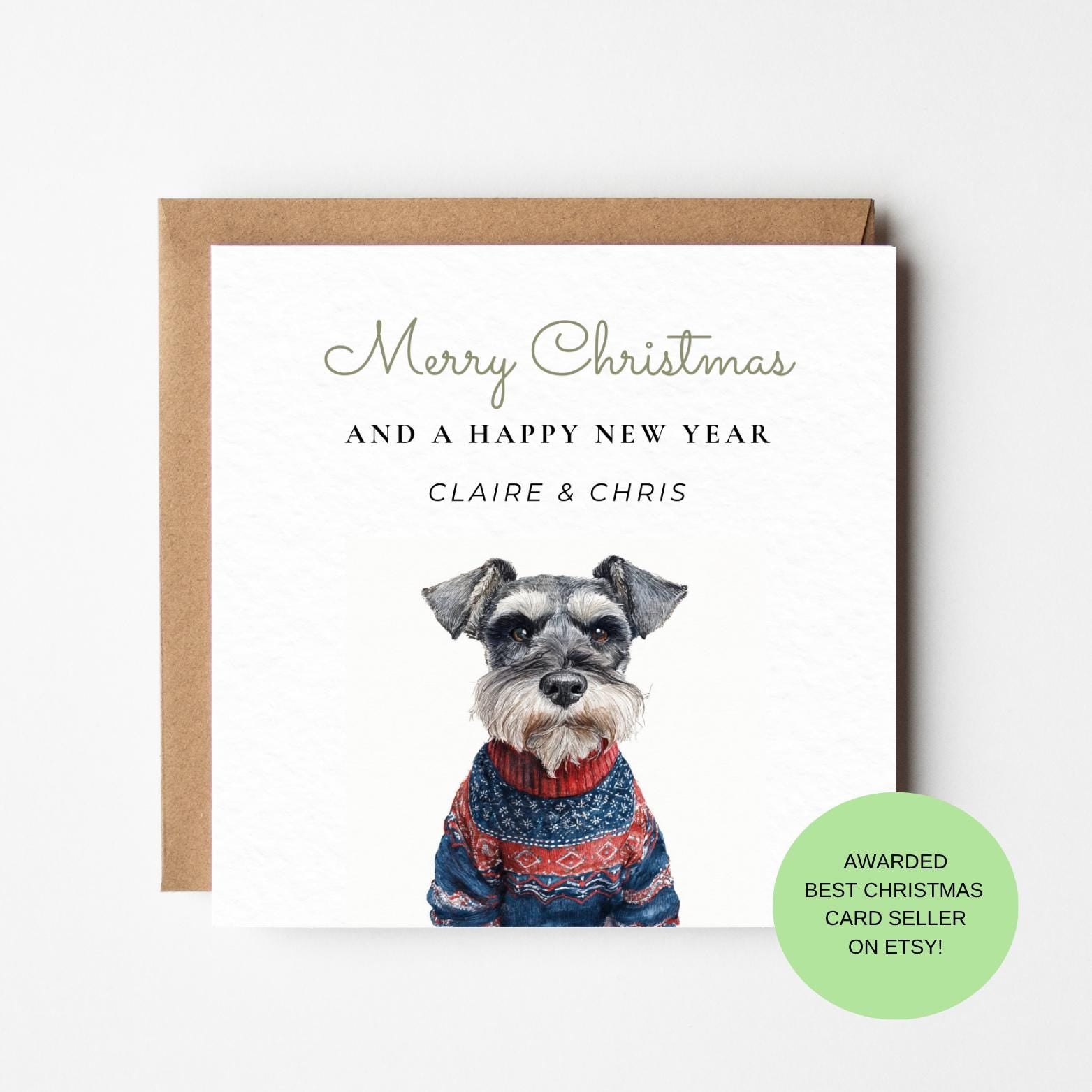 Schnauzer Christmas Card – Dog in Festive Jumper, Pet Lover Holiday Greeting