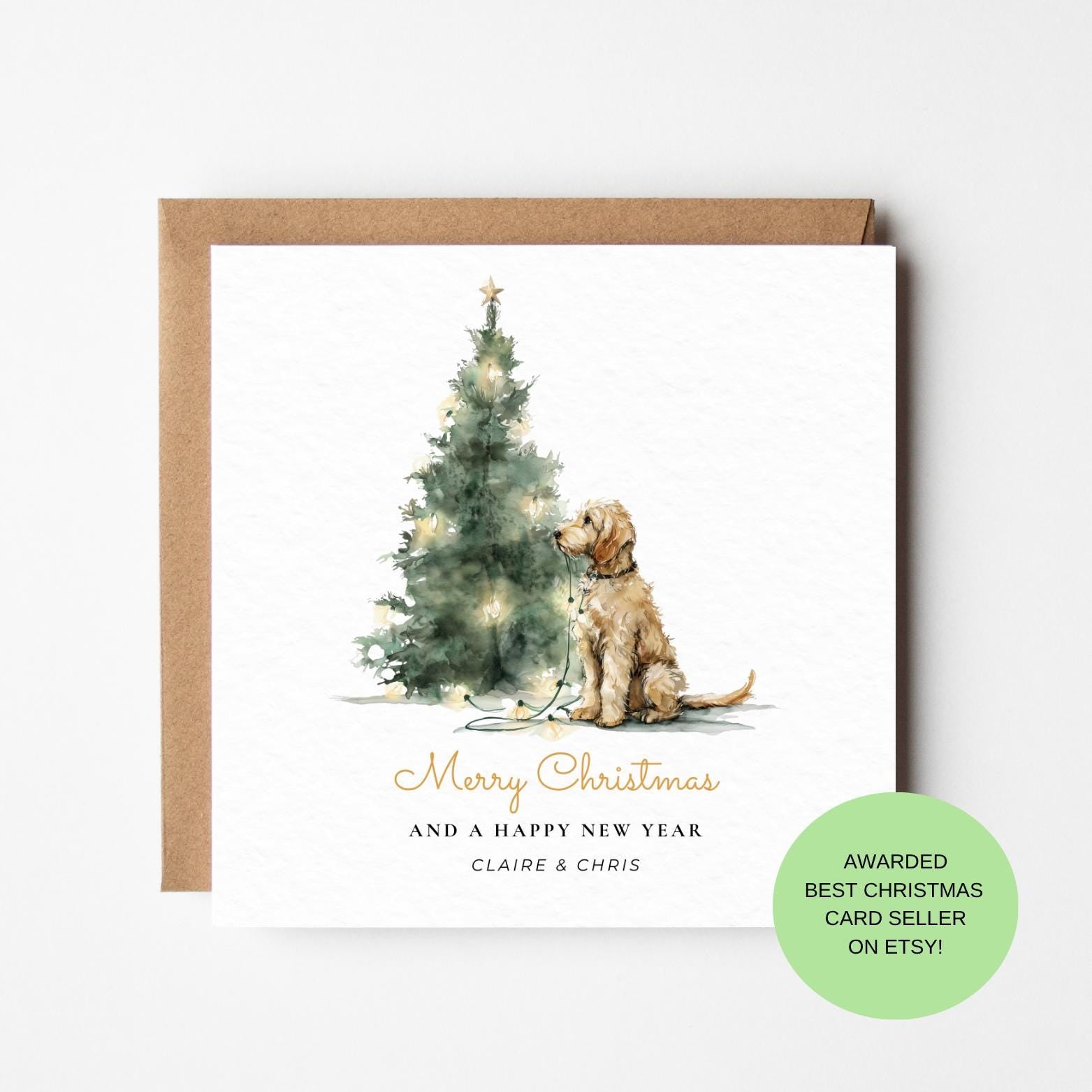 Labradoodle Christmas Card – Dog with Lit Tree