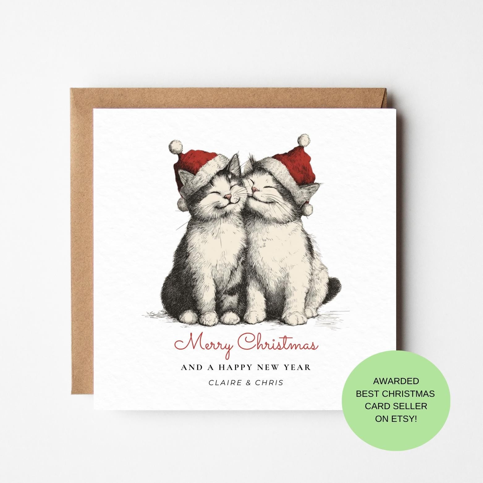 Kittens Christmas Card – Two Cats in Santa Hats, Adorable Holiday Card