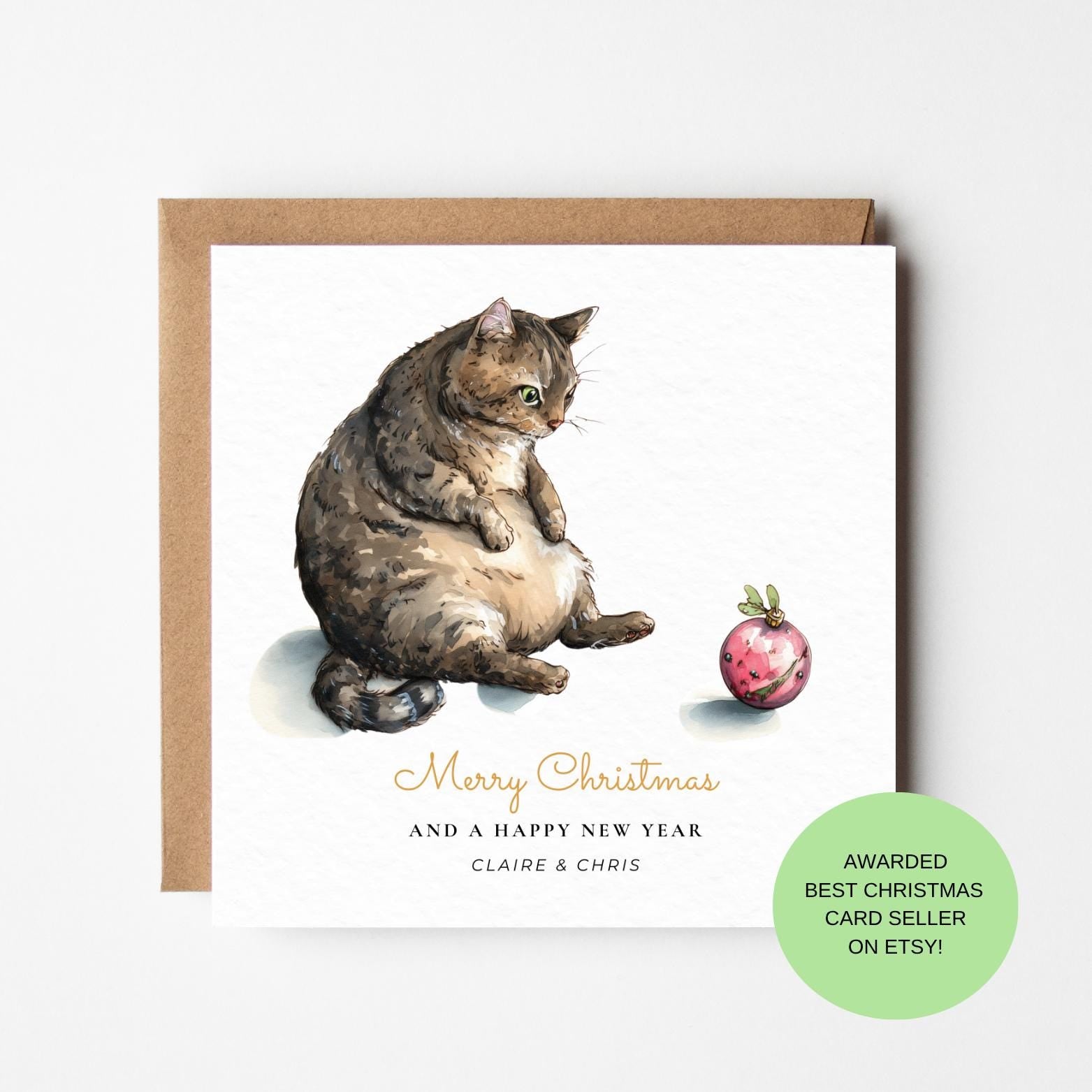 Funny Cat Christmas Card – Fat Cat with Bauble, Humorous Holiday Greeting