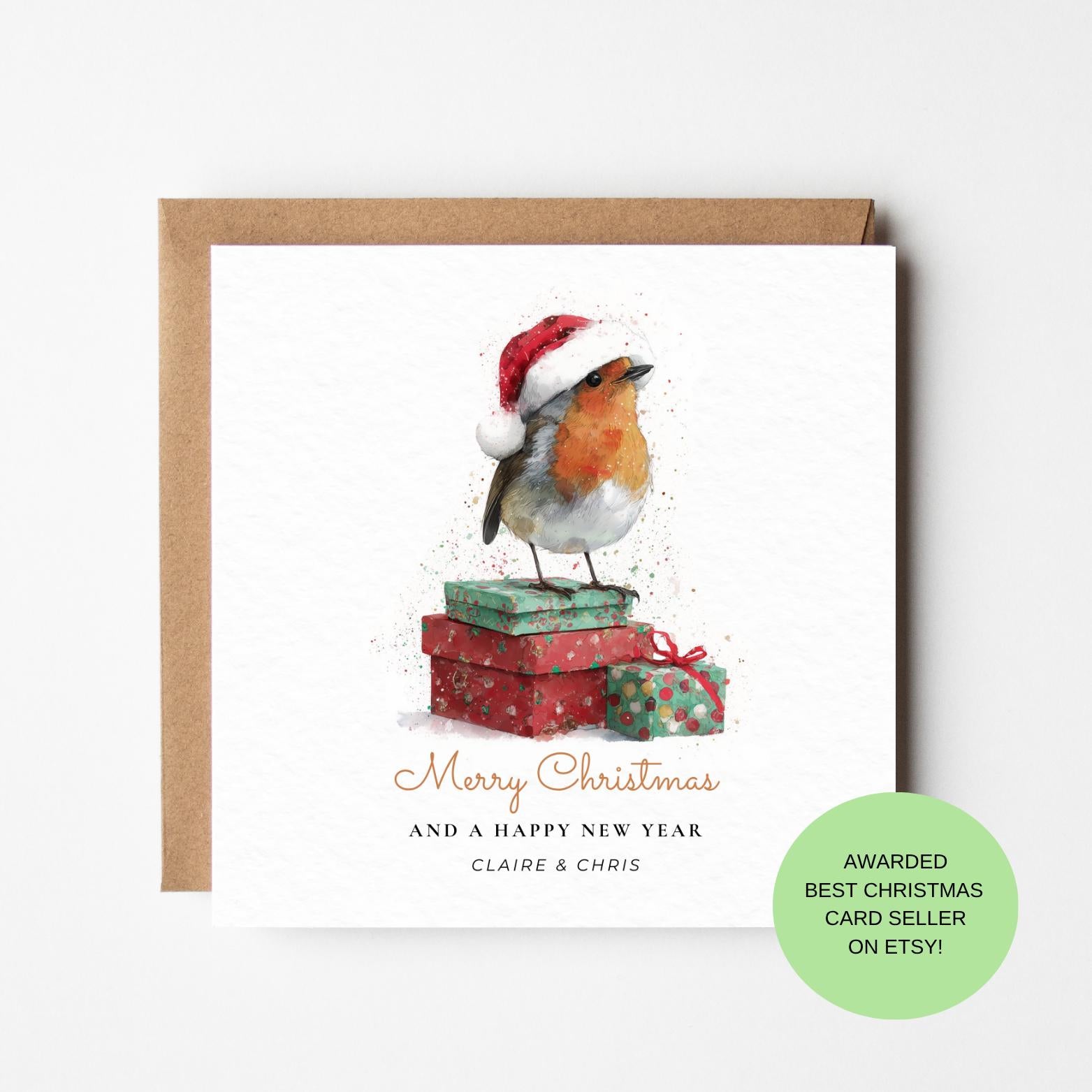 Robin Christmas Card – Watercolour Robin with Santa Hat and Gifts, Classic Festive Greeting