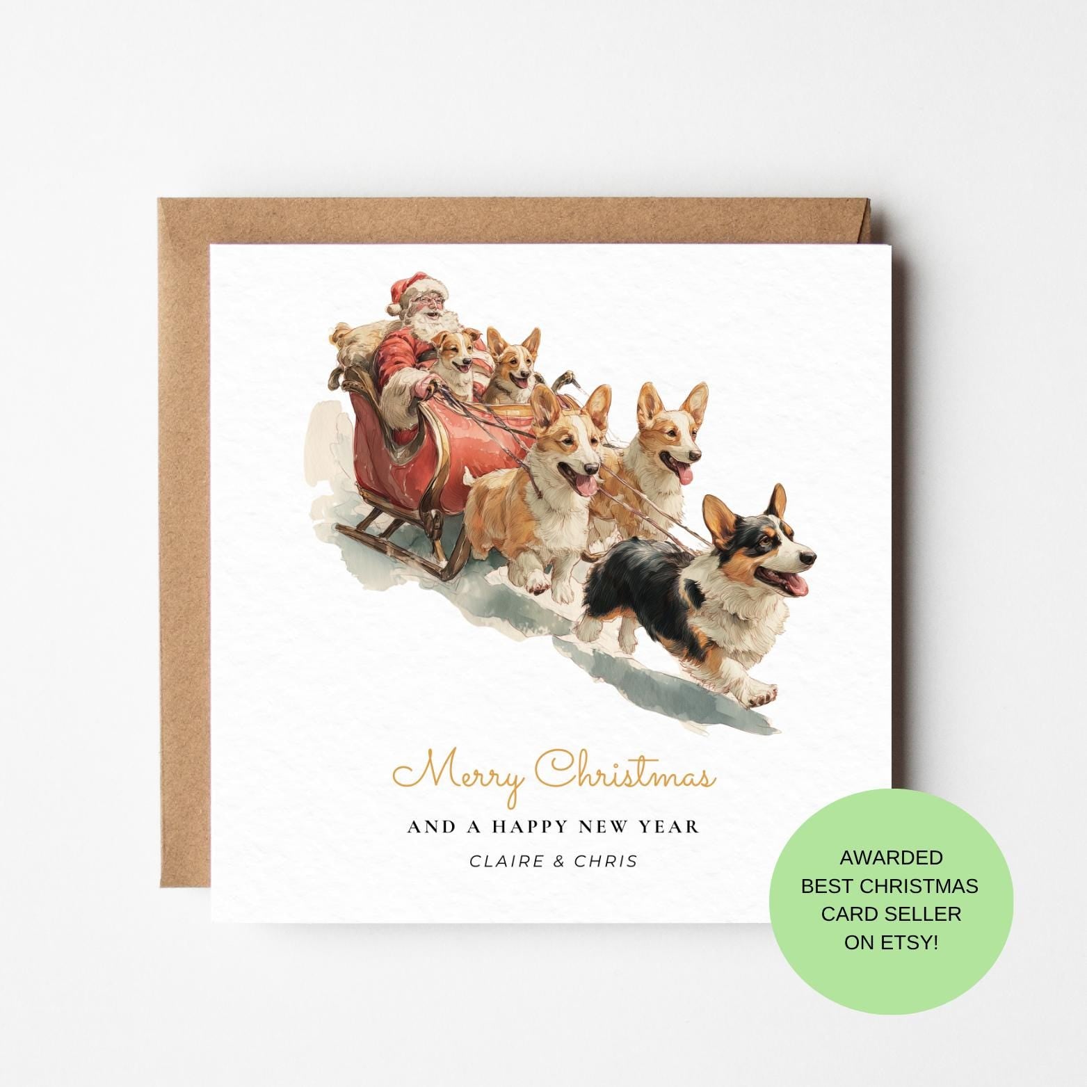 Santa and Corgis Christmas Card – Santa Sleigh with Corgi Dogs, Funny Holiday Greeting
