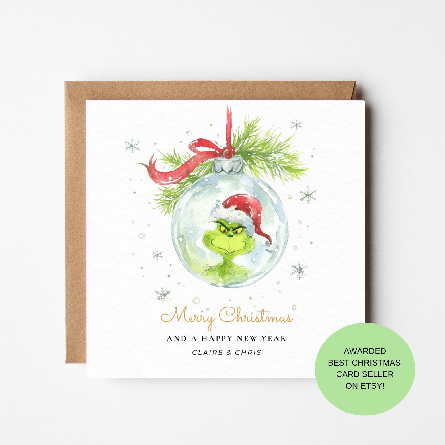 Grinch Bauble Christmas Card – Grinch in Ornament, Watercolour Funny Festive Greeting