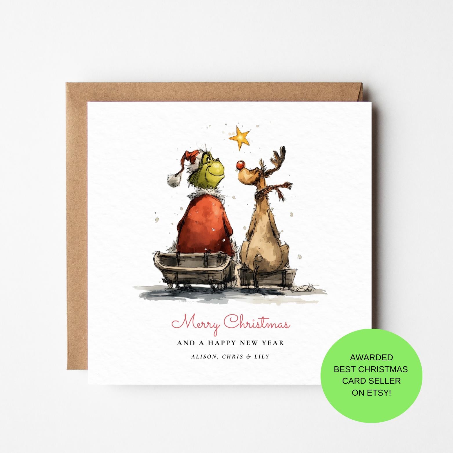 Grinch & Max Christmas Card: Cute Sled Design, Personalised Option