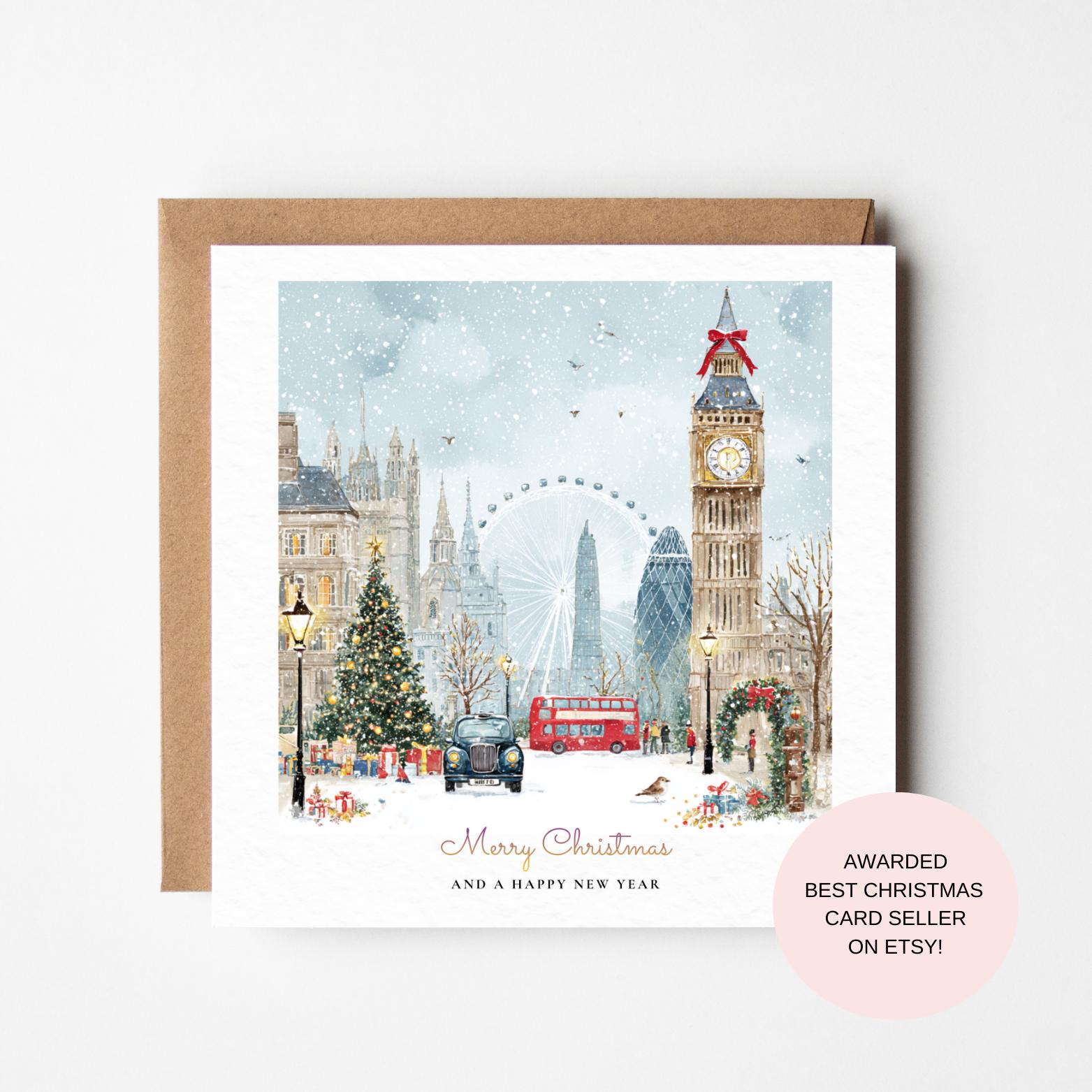 Big Ben London Christmas Card - Snowy Scene with Red Bus and Eye