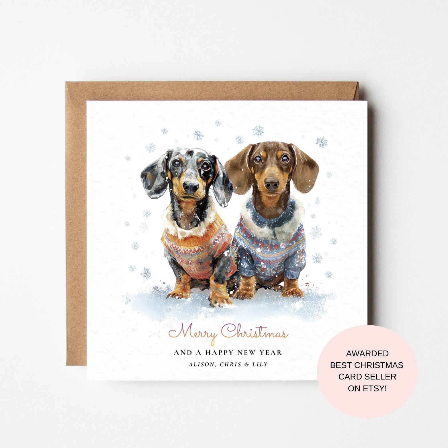 Christmas Card: Adorable Dachshunds in Winter Jumpers