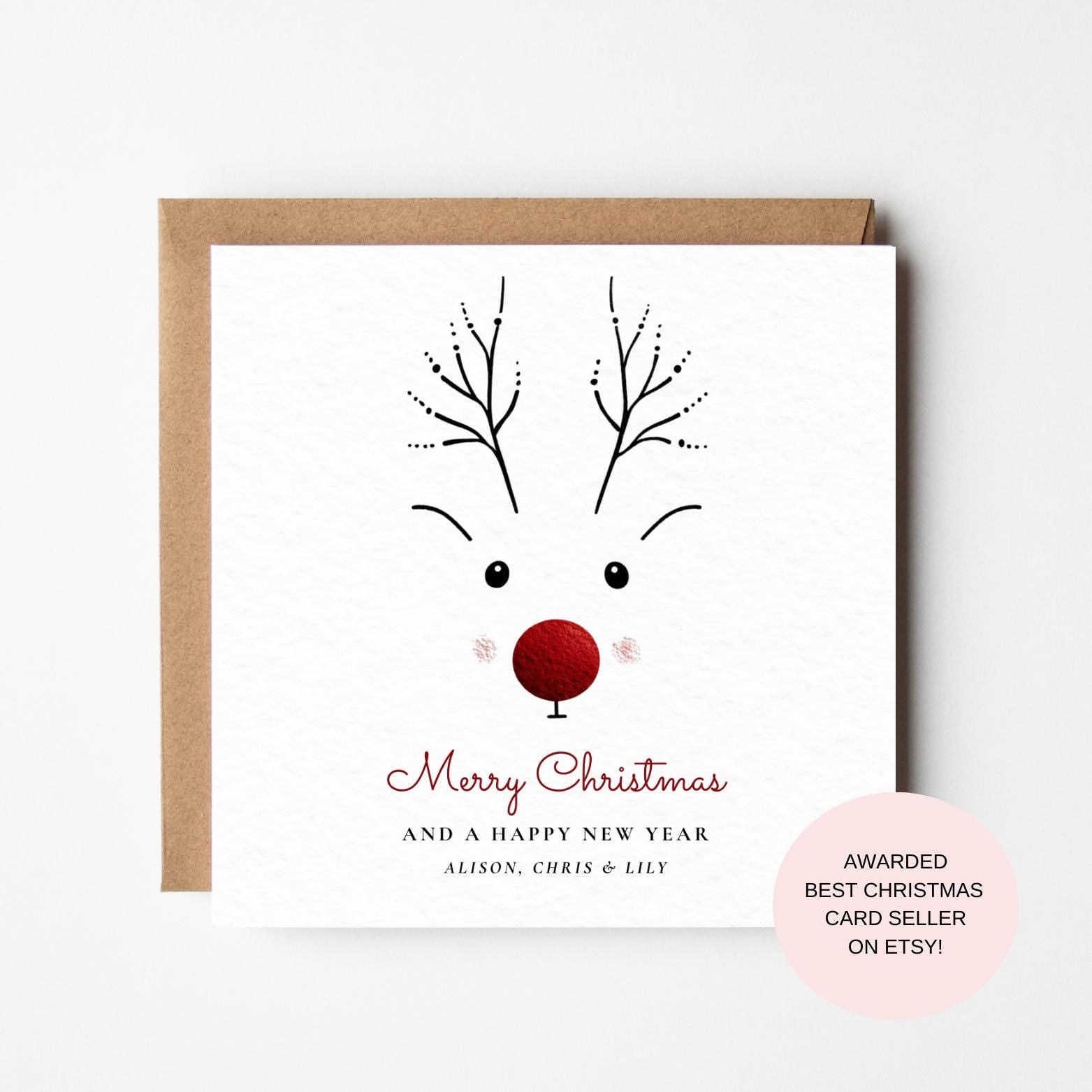 Minimal Rudolph Christmas Card - Simple Reindeer with Red Nose