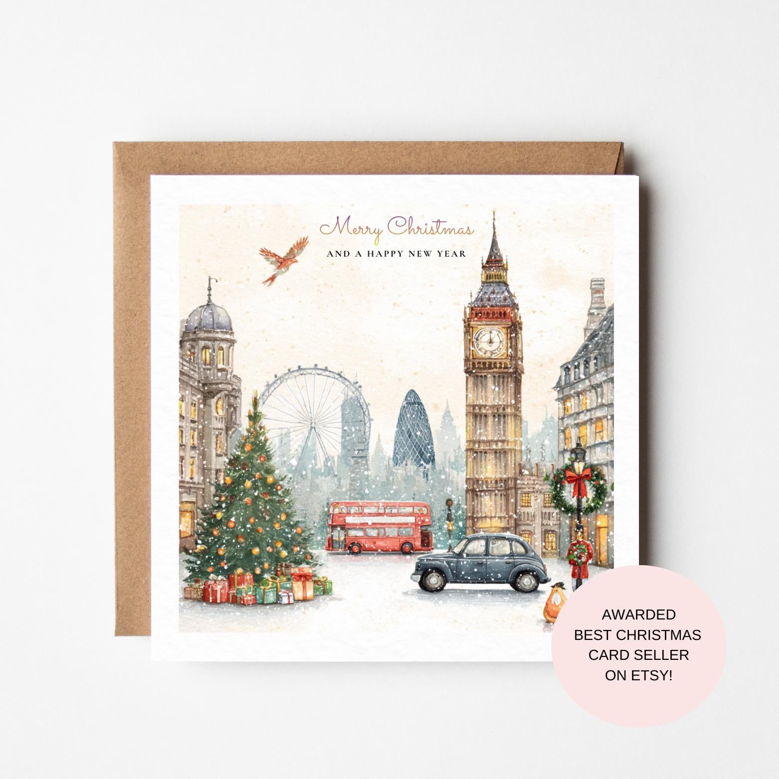 Christmas Card: London Skyline with Big Ben and Red Double-Decker Bus