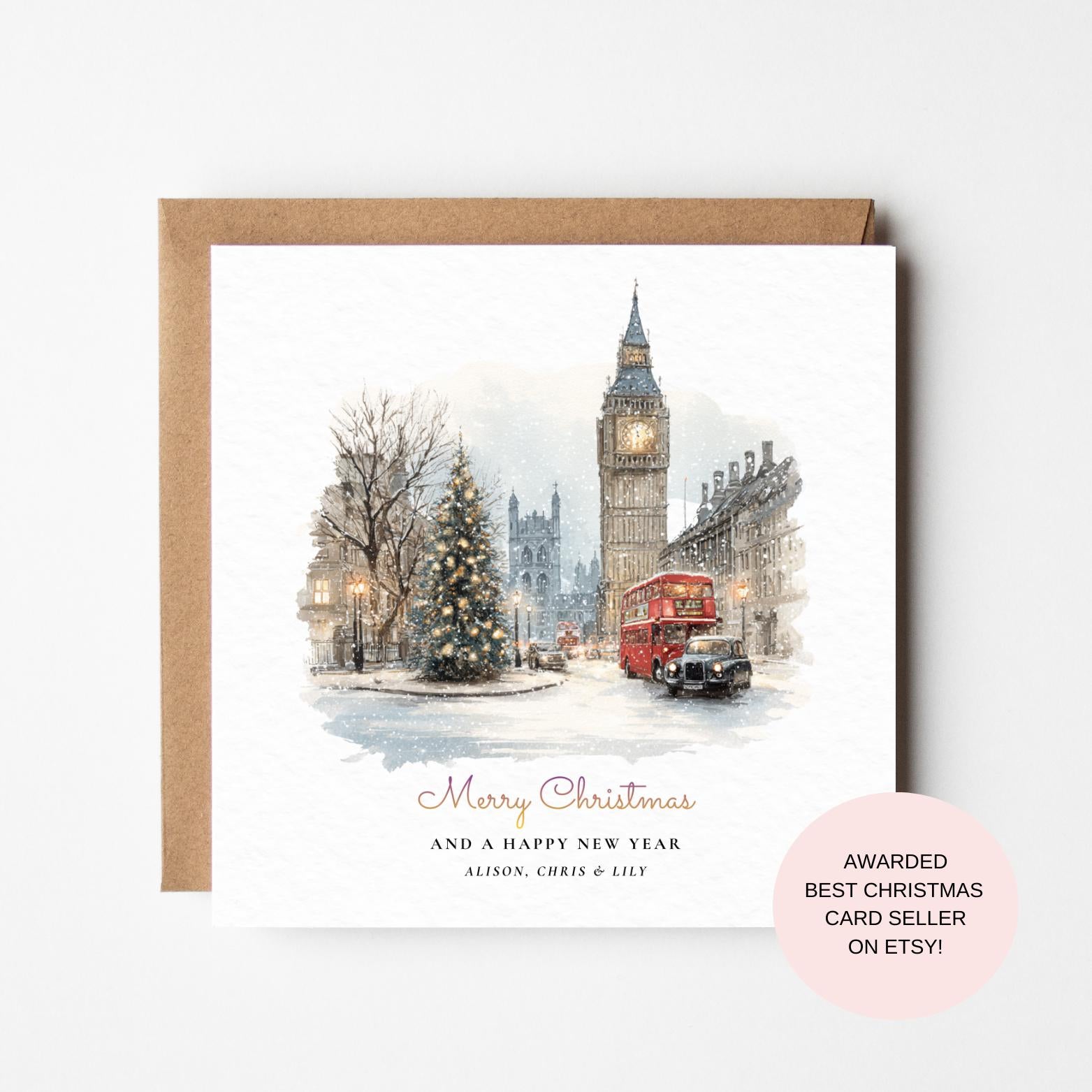 London Holiday Card: Big Ben and Festive Red Bus (Winter Scene)
