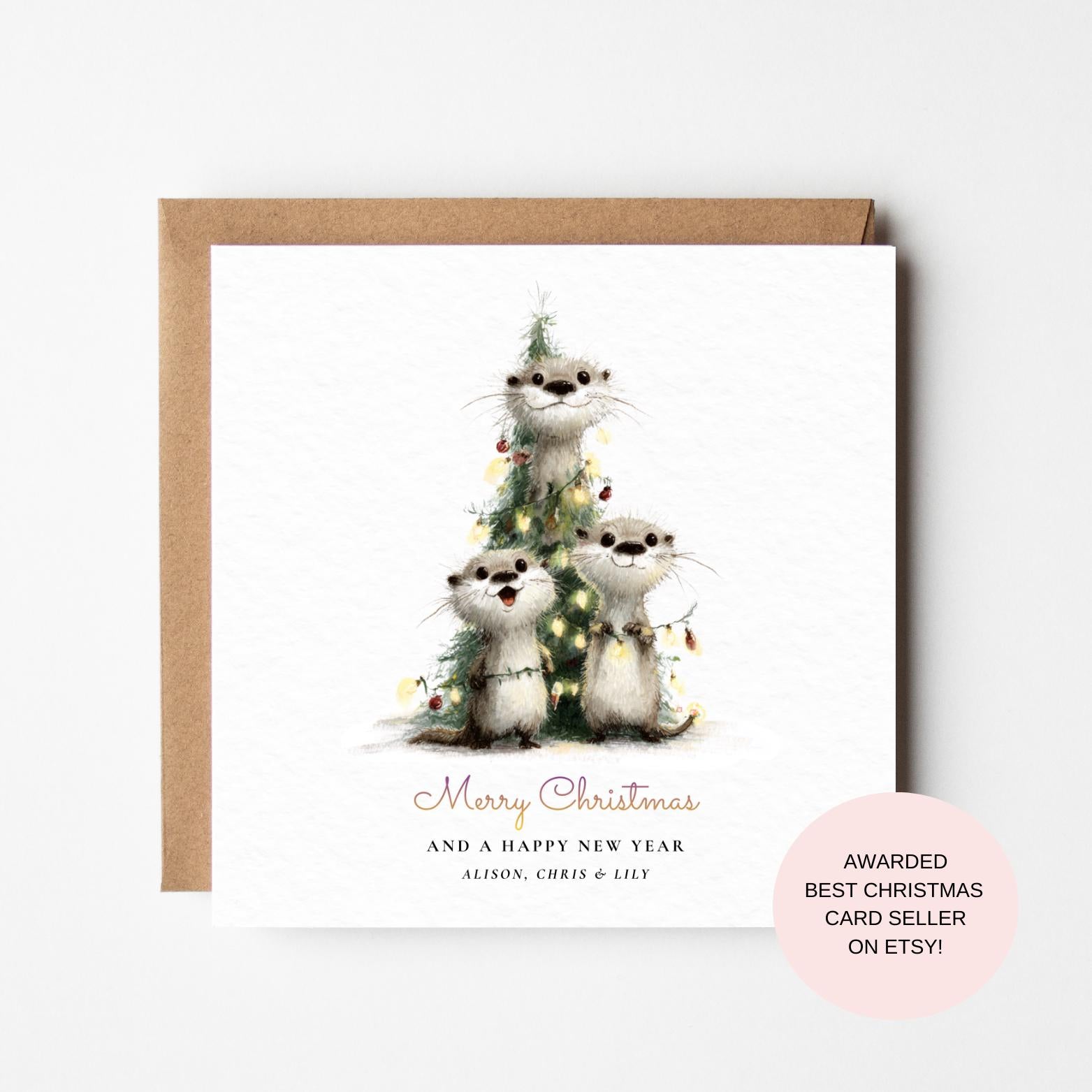 Cute Otter Christmas Card: Playful Otters Decorating Tree
