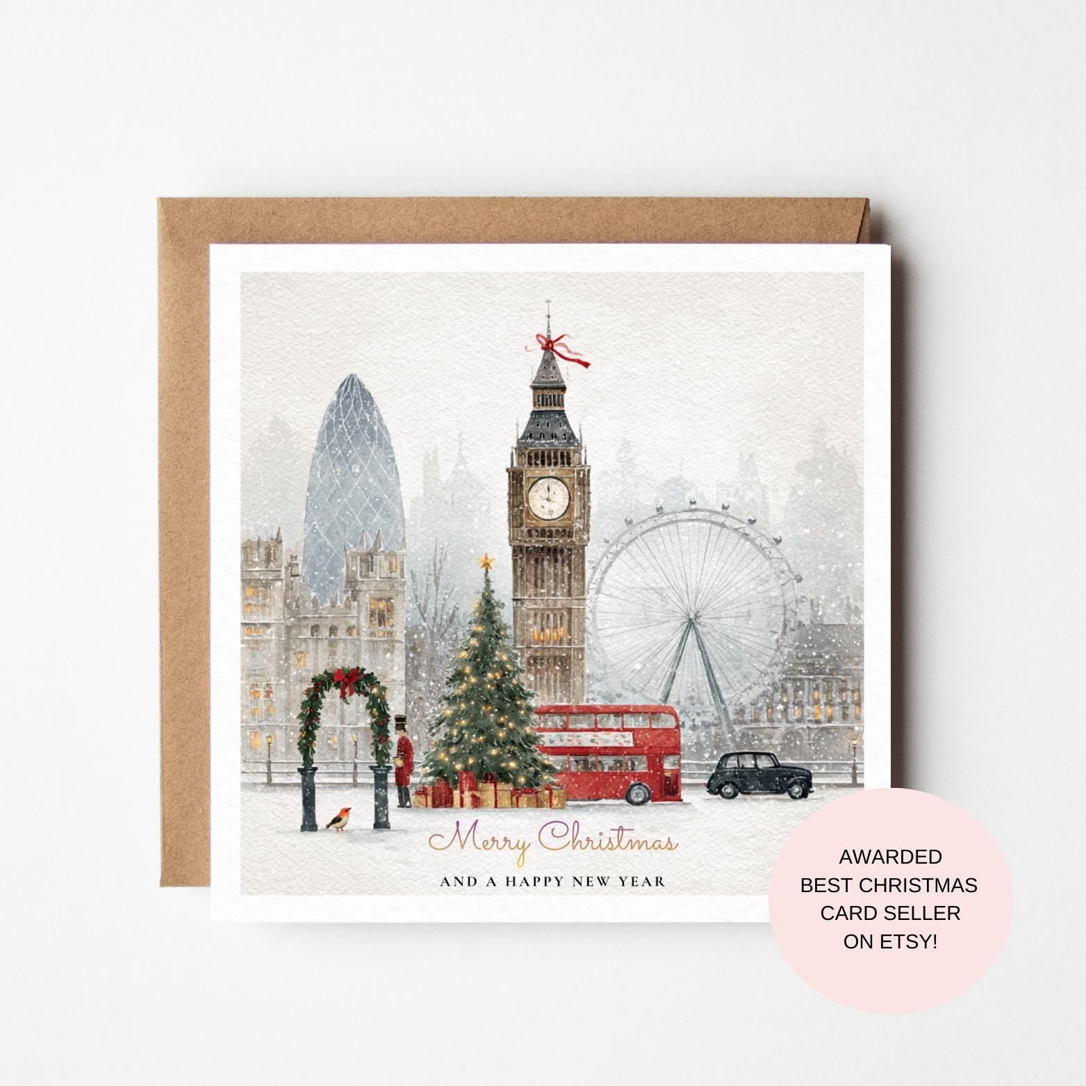 London Holiday Card: Red Bus and Big Ben (Winter Scene)