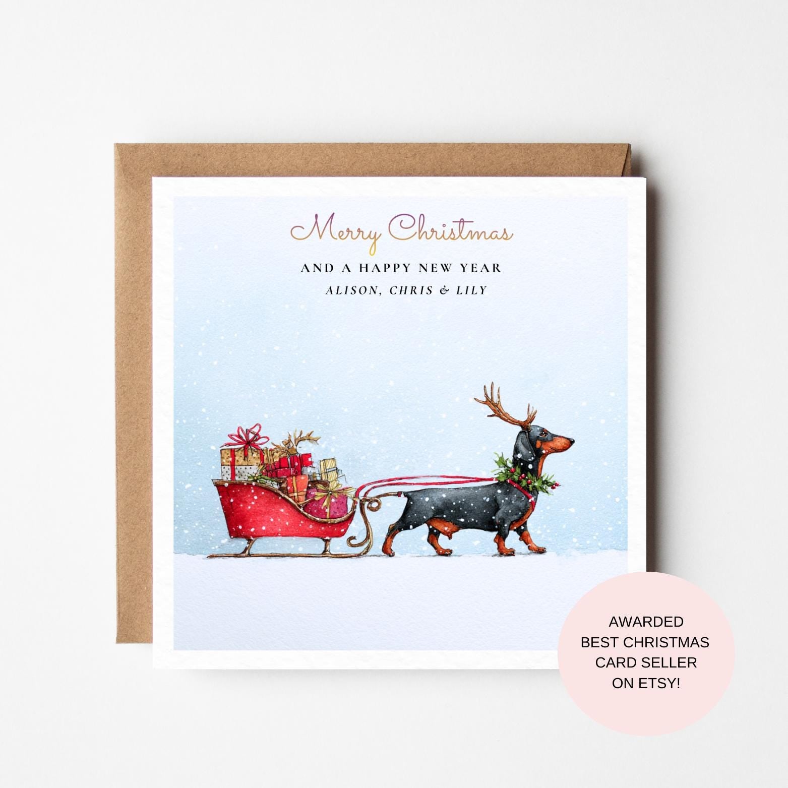 Dachshund Christmas Card: Cute Dog Pulling Sleigh