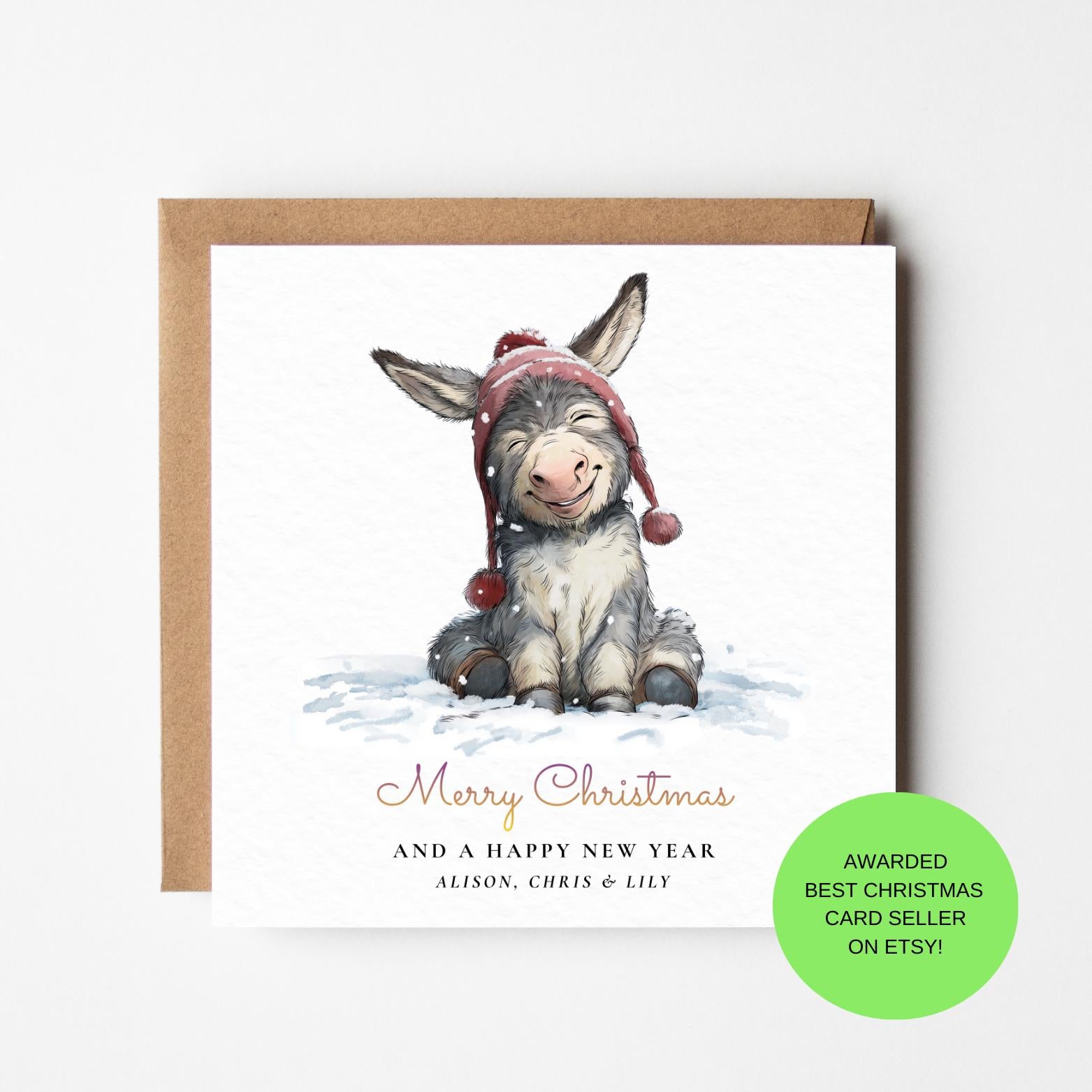 Personalised Donkey Christmas Card • Cute Donkey Xmas Card • For Him Her • Animal Lover Gift
