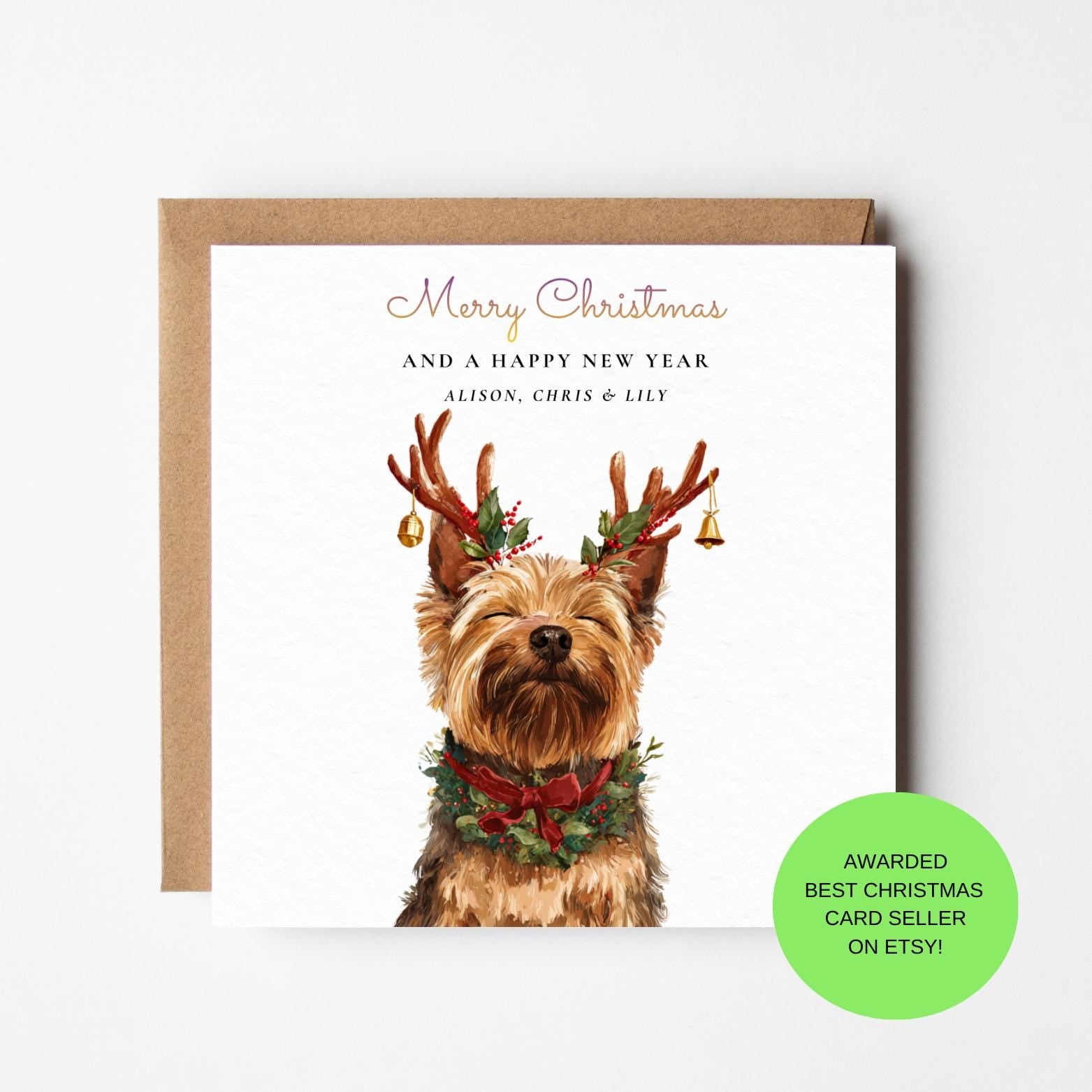 Christmas Card: Yorkshire Terrier Reindeer - Festive Dog Art