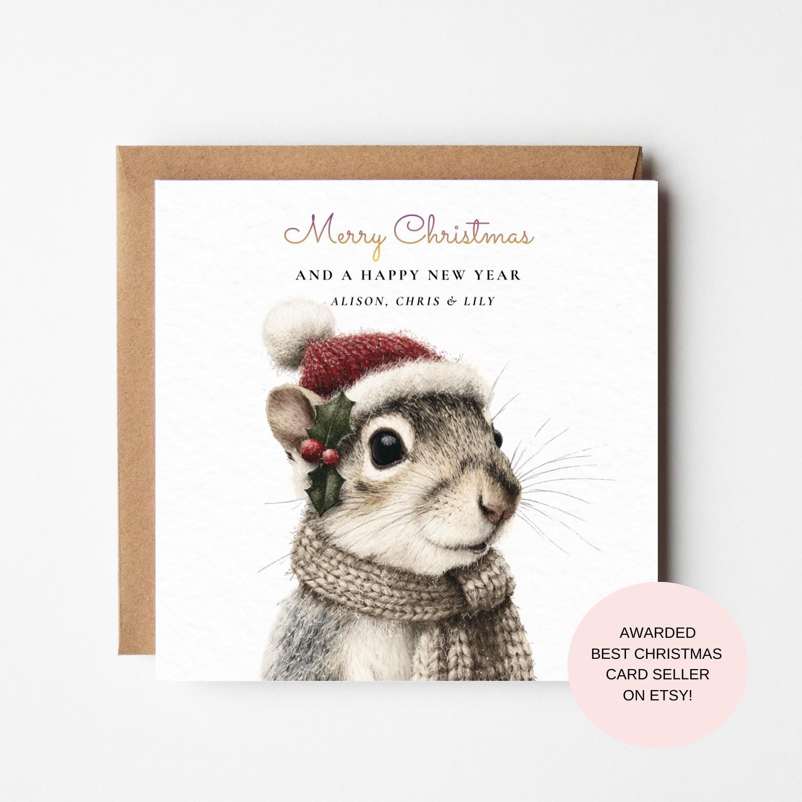 Festive Squirrel Christmas Card: Cute Woodland Animal in Winter Hat