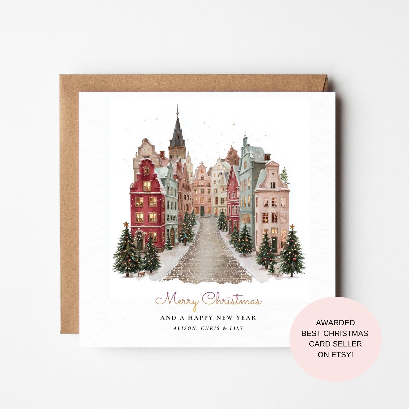 Illustrated Christmas Card - Winter Village with Colorful Houses